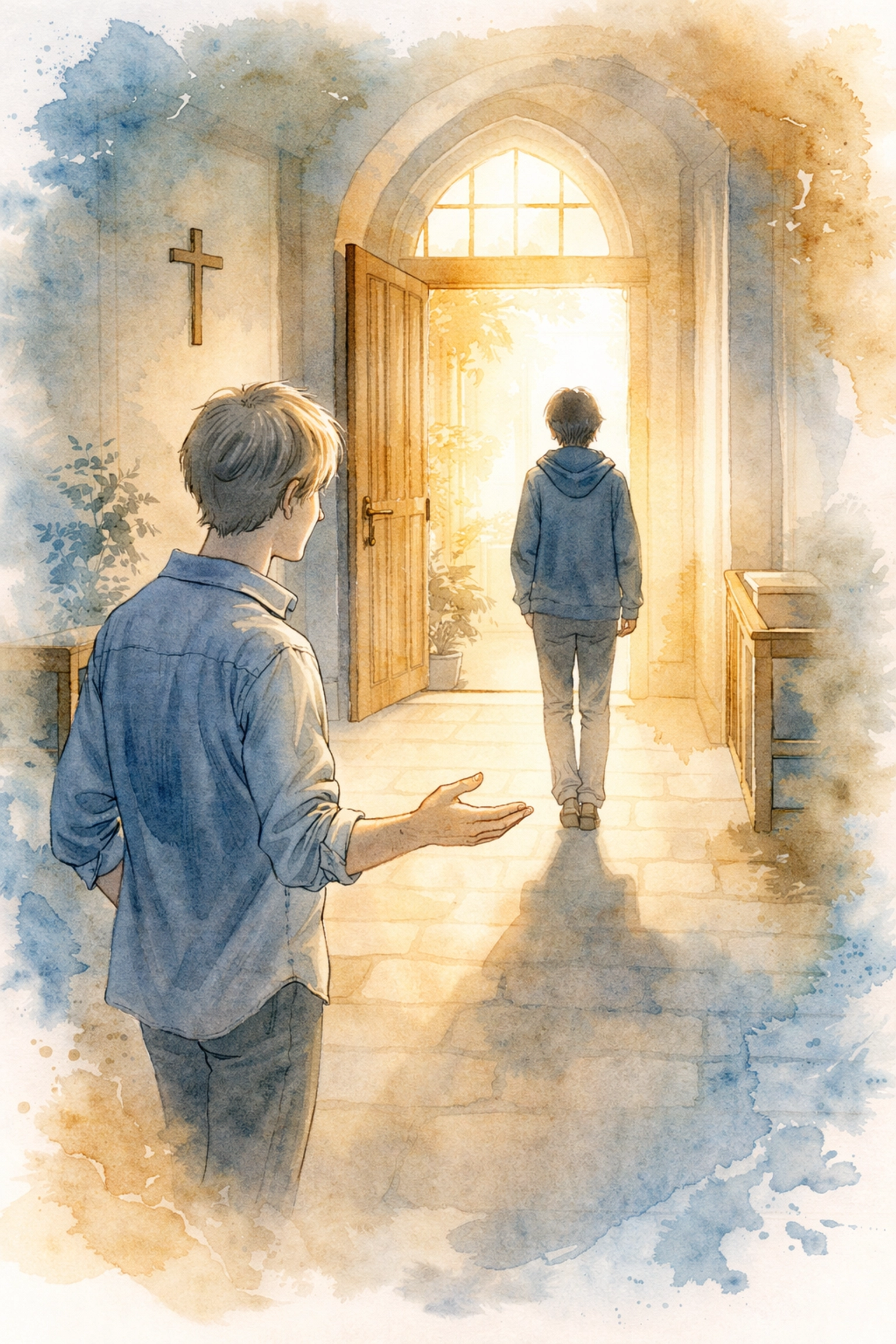 Watercolor illustration of two people in a sunlit church hallway sharing a moment of welcome and connection
