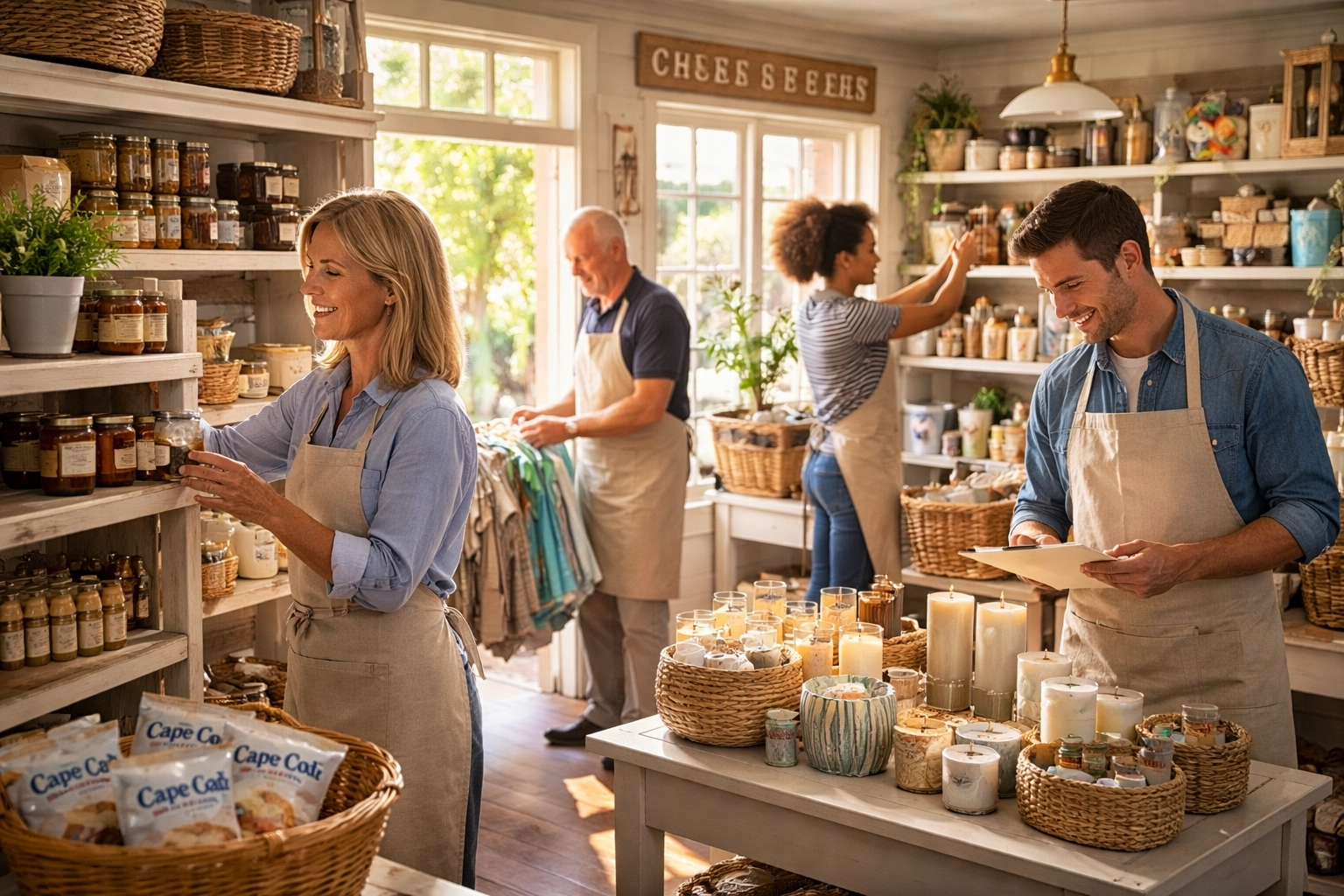 Cape Cod retail staff preparing store shelves for summer crowds in natural sunlight