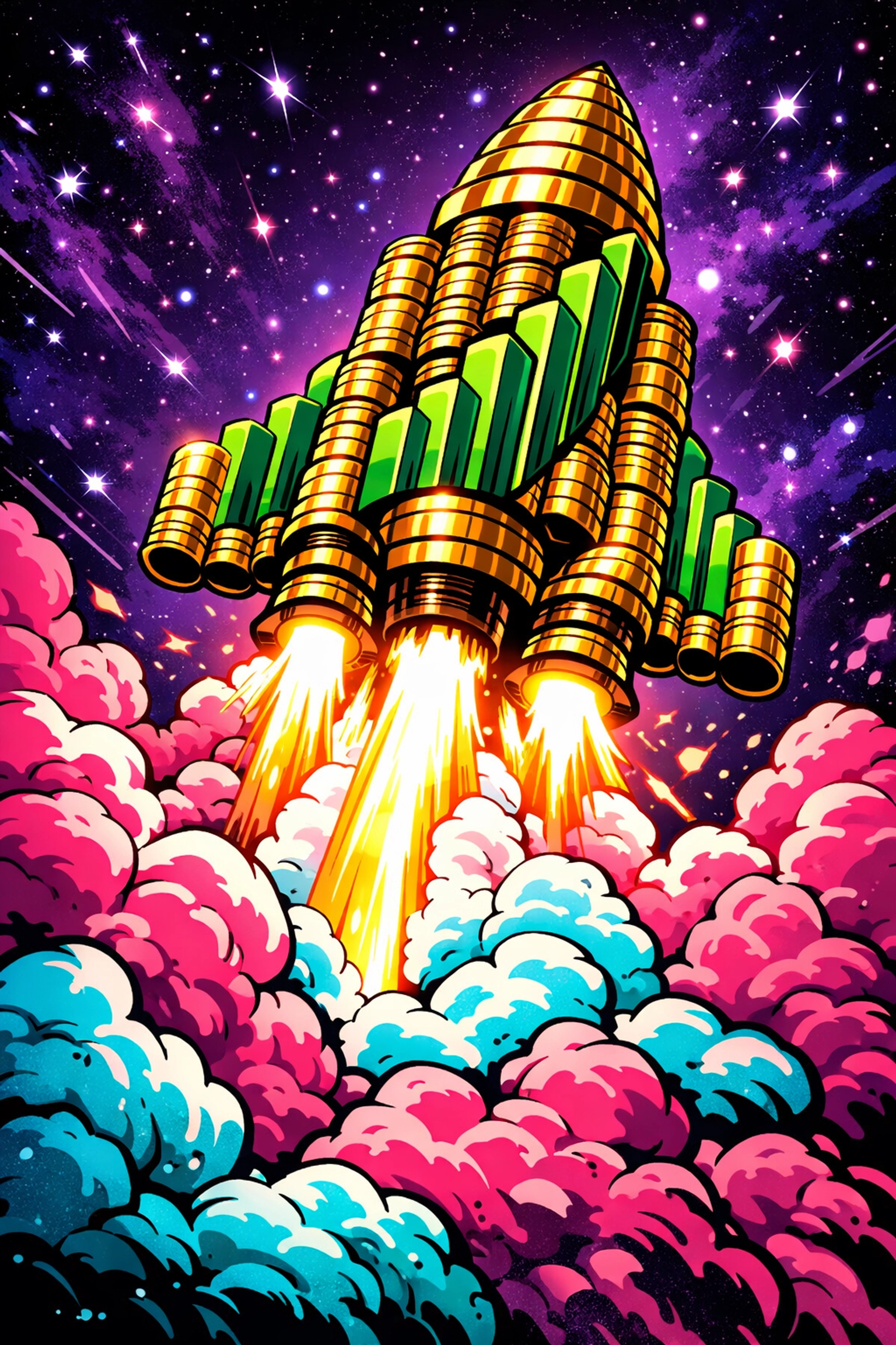 A rocket ship made of currency and charts representing business scaling via automation.