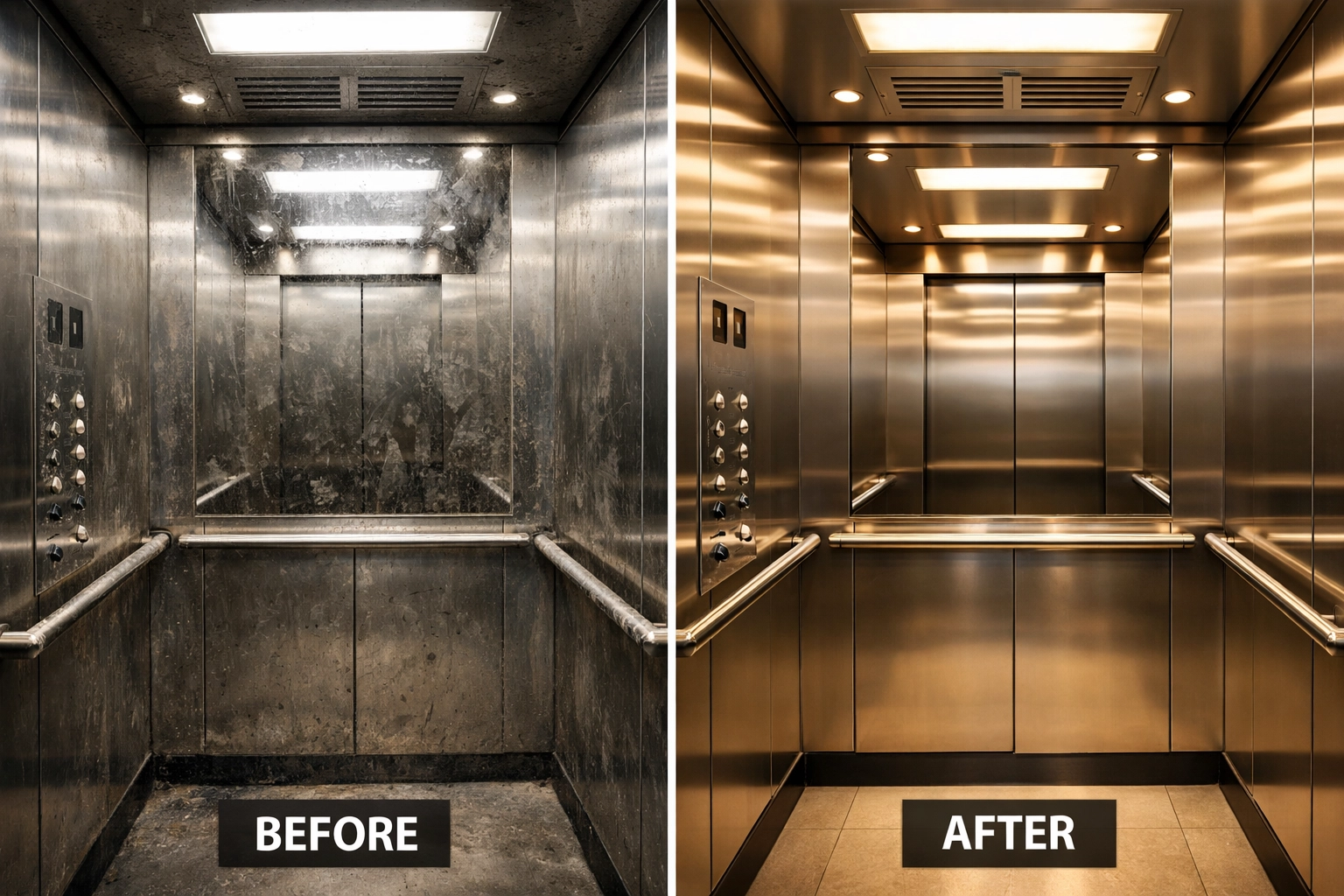 Before and after comparison showing elevator transformation from dirty to professionally cleaned