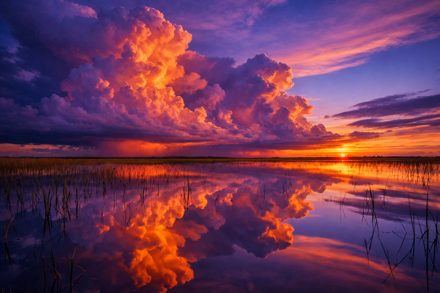 Dramatic sunset over the Florida Everglades sawgrass with colorful storm clouds reflecting in the water.