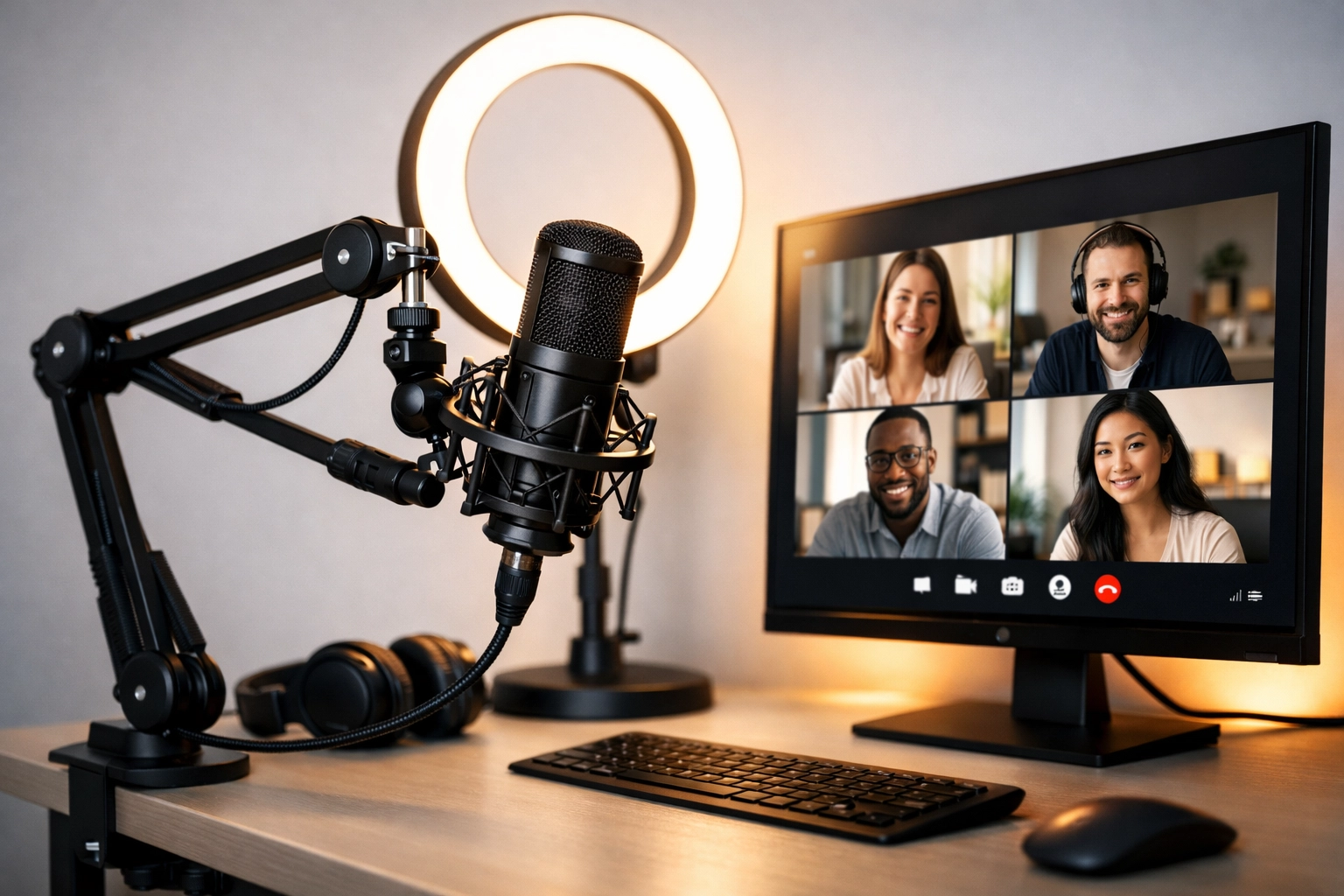 Simon Leung professional speaking setup with microphone and ring light for virtual presentations