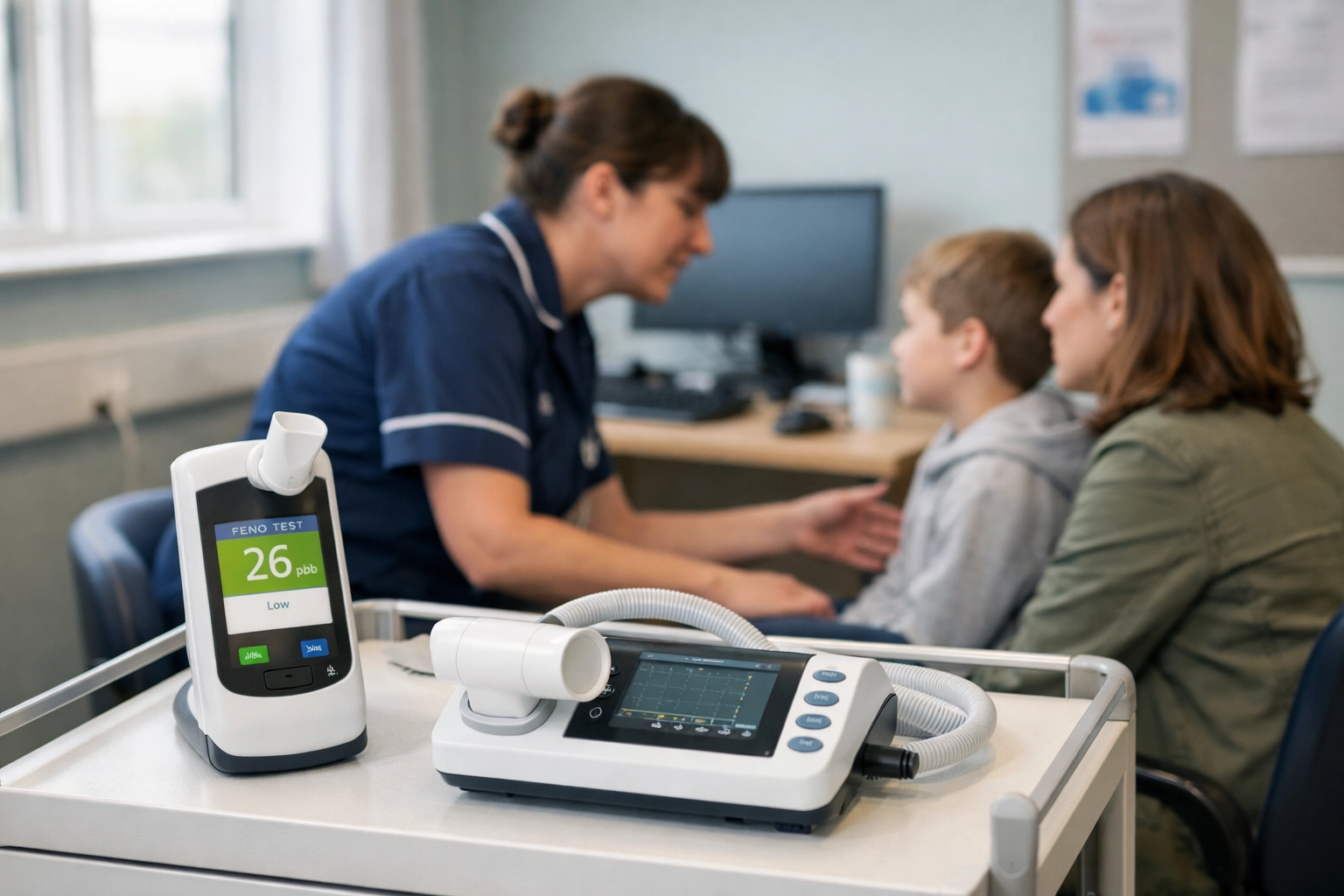 Pediatric respiratory consultation in an NHS clinic featuring a FeNO diagnostic device and spirometer for lung testing.
