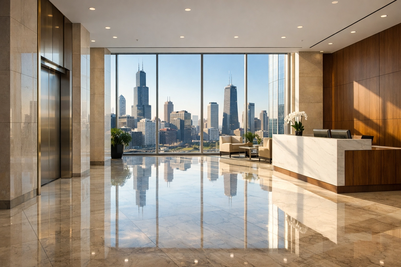 Pristine Chicago corporate lobby with polished marble floors showcasing proactive office cleaning standards.
