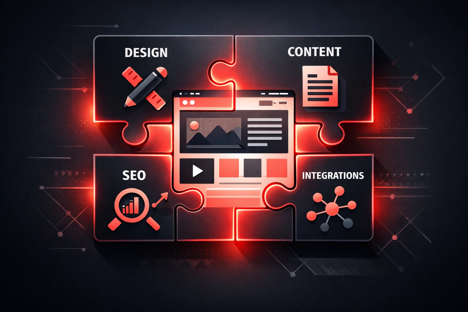 Website components puzzle showing design, content, SEO and integrations fitting together