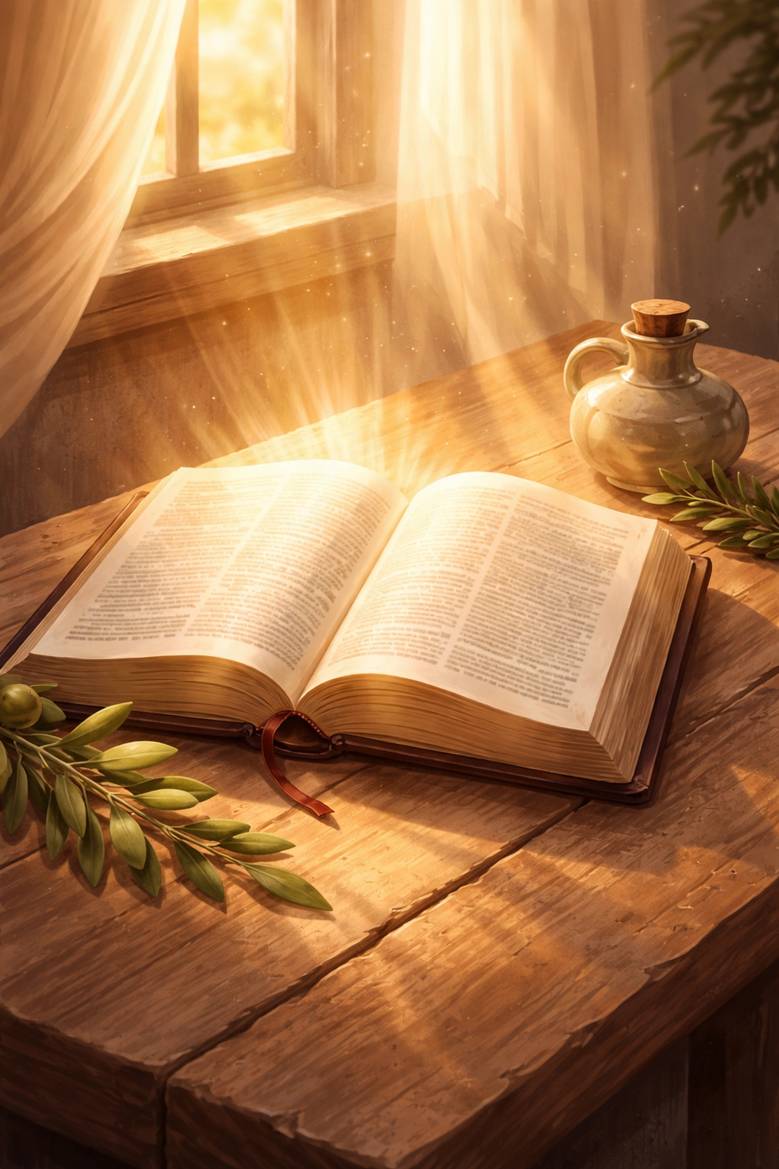 Open Bible with olive branch and oil symbolizing healing and God's presence in prayer for the sick