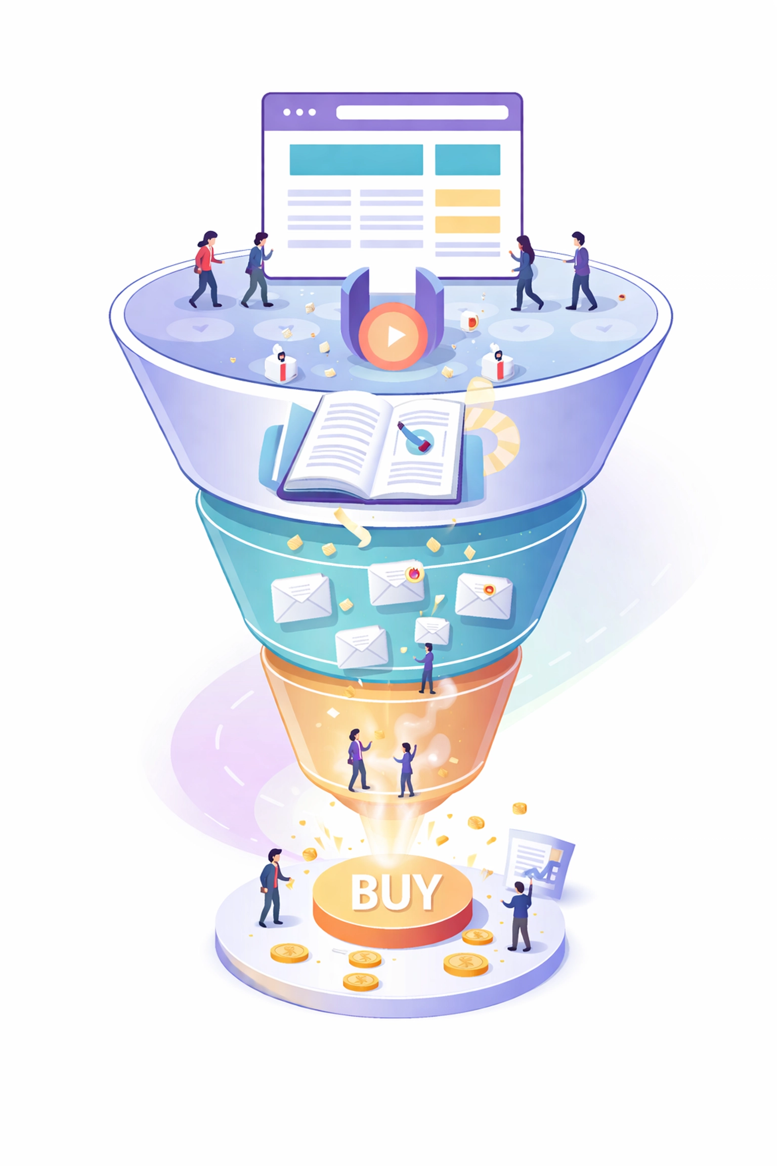 Marketing funnel diagram showing users moving from website entry to purchase through lead magnet and emails