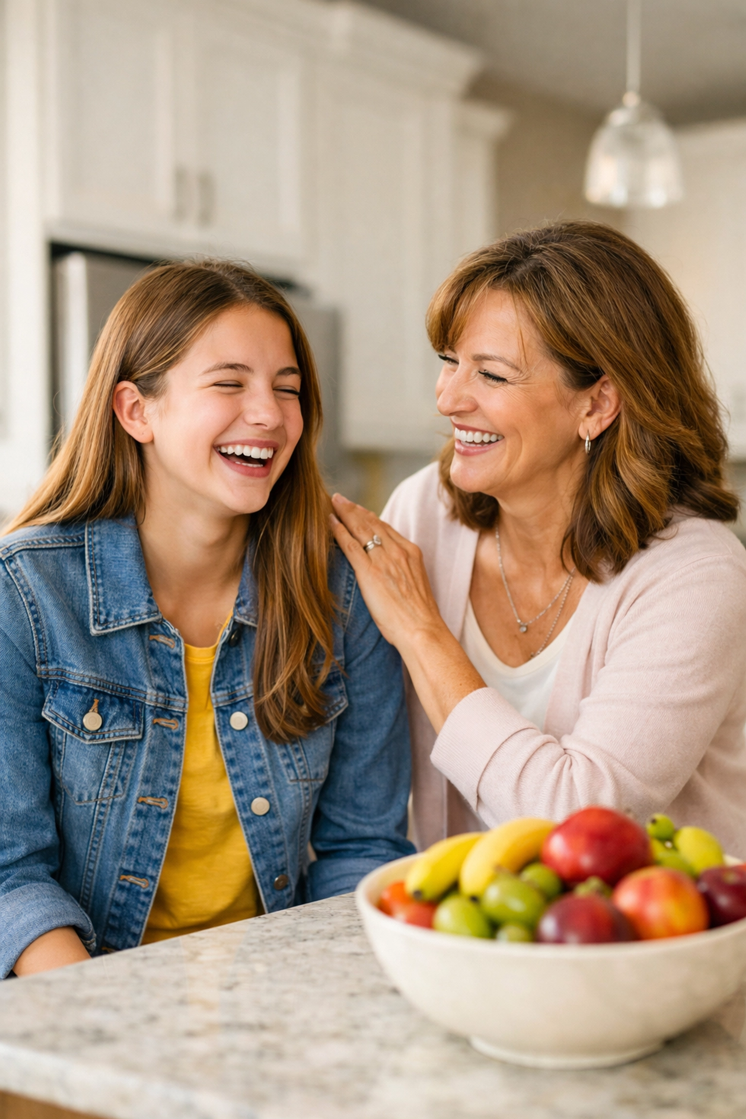 A teen girl and a mentor sharing a smile in a kitchen at a therapeutic group home for teens.