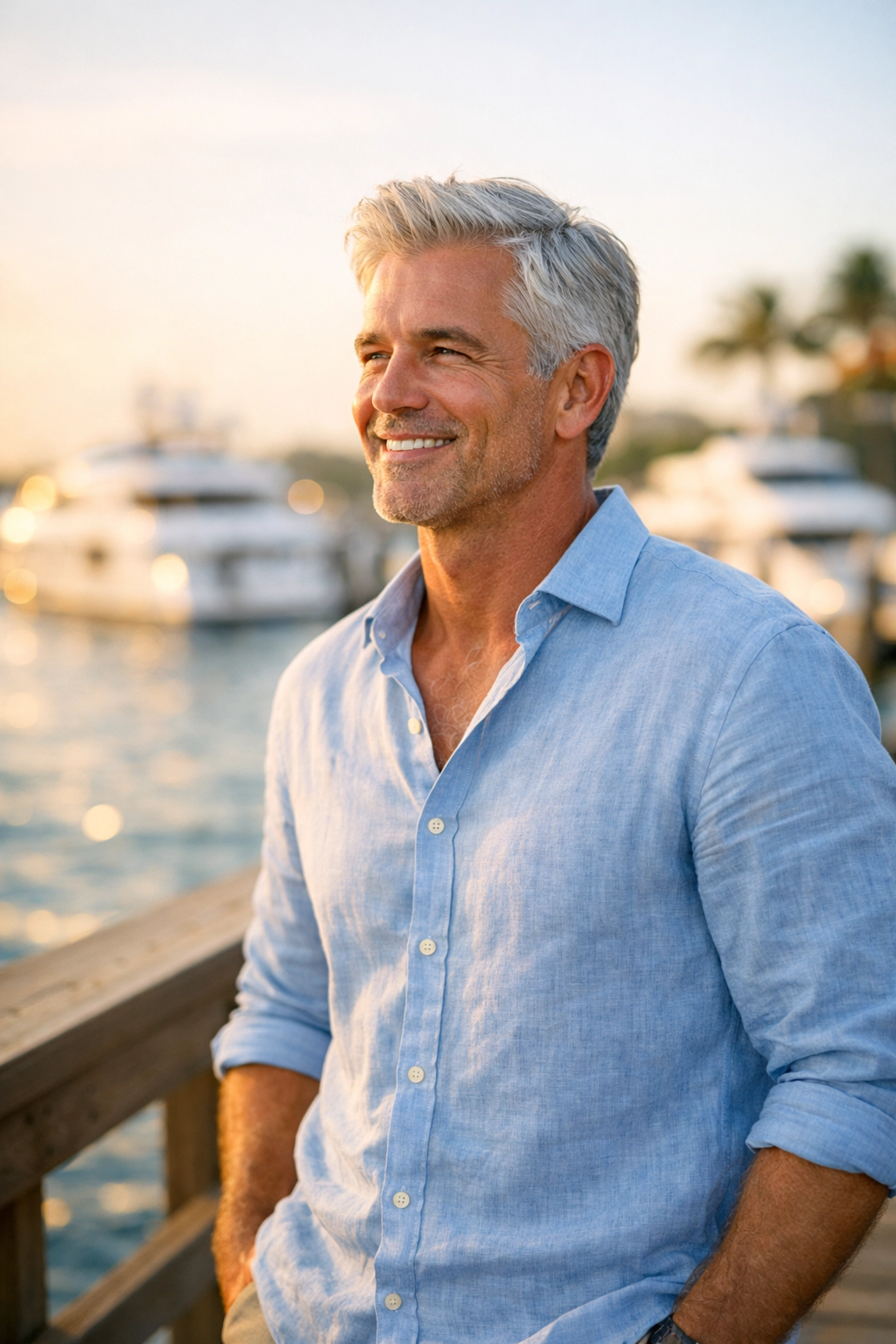 Fit man in his 50s showing vitality and confidence at a Boca Raton marina after personalized medical care.
