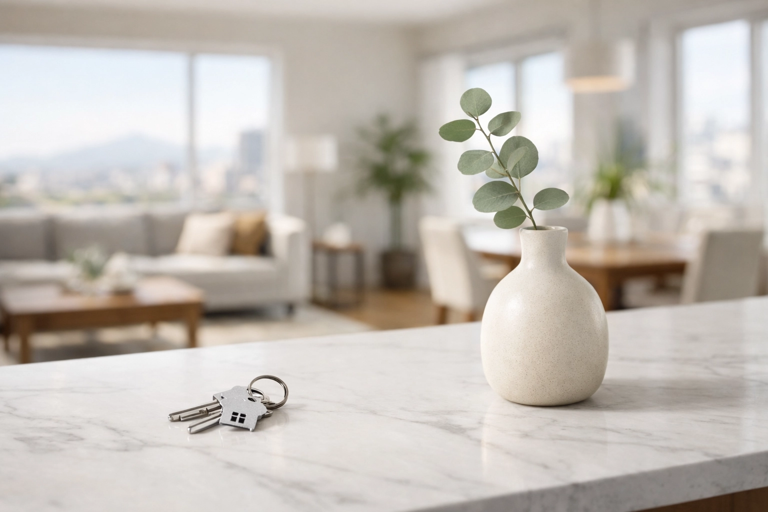 House keys on a marble kitchen island in a modern, sun-drenched Harvey Park Denver home.