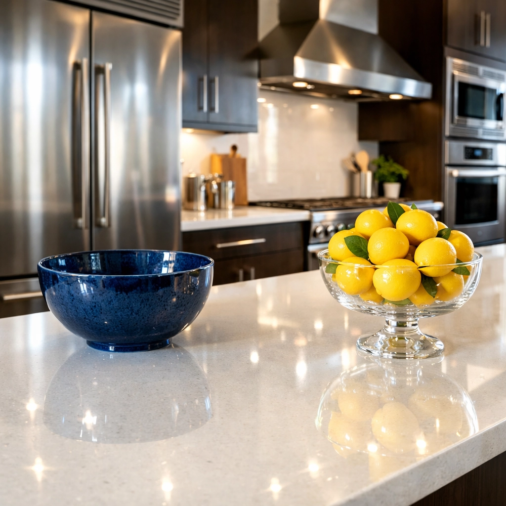 Spotless luxury apartment kitchen with sparkling quartz countertops after professional cleaning in Worcester.