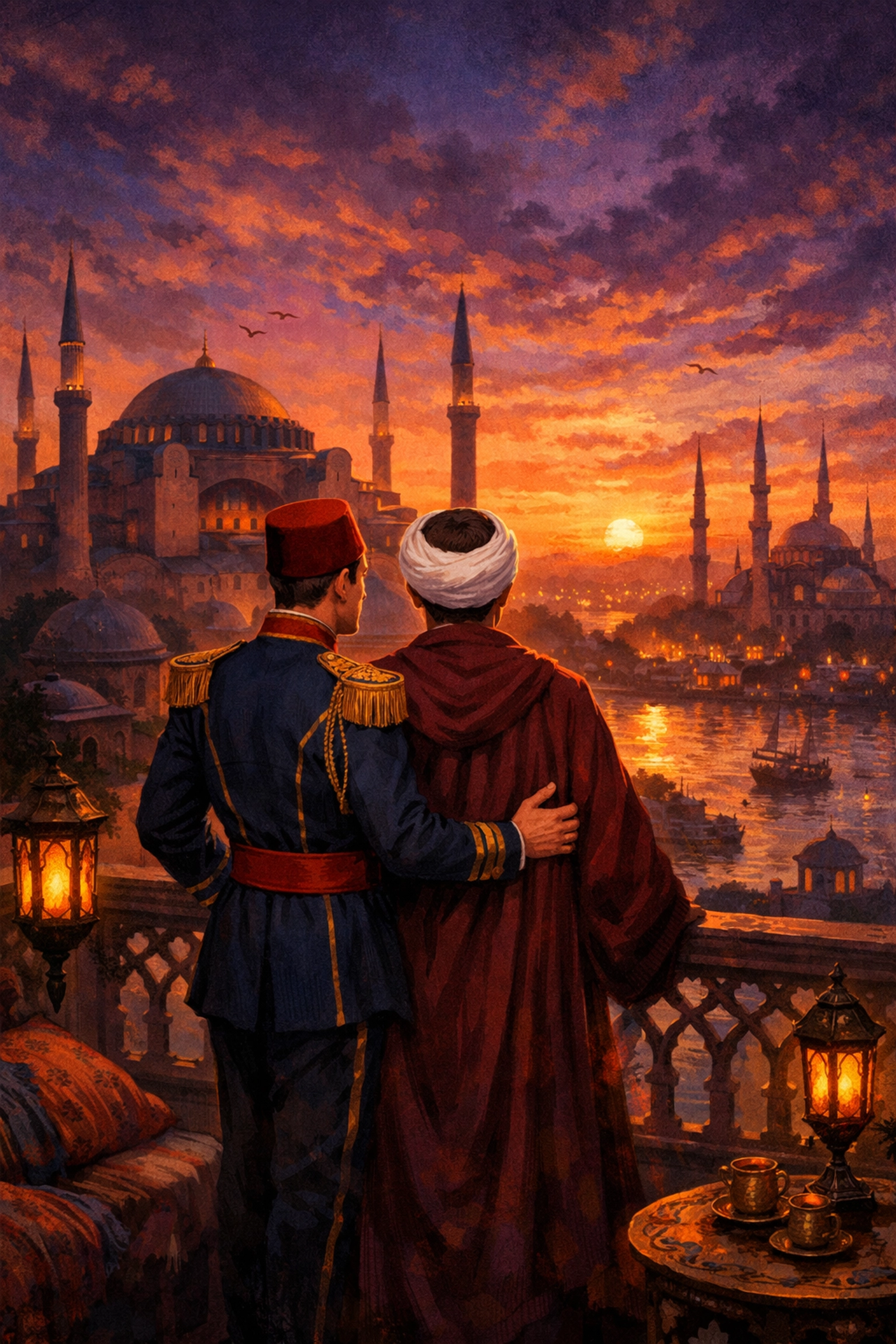 Gay couple overlooking 1850s Constantinople skyline, a scene inspired by MM historical romance books.