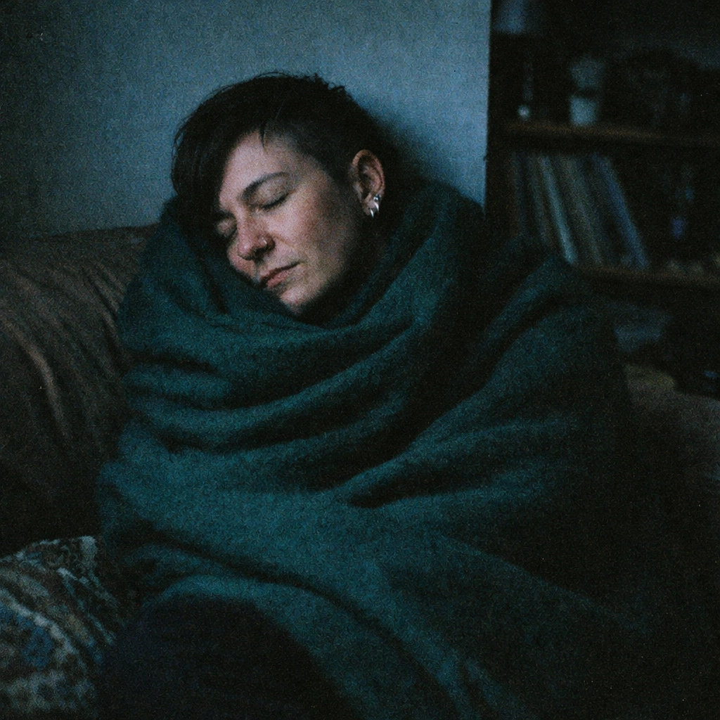 Person wrapped in a heavy blanket for weighted containment and somatic grounding.