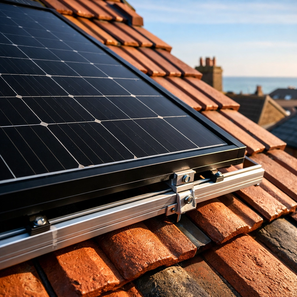 Black-framed solar panels on UK residential roof with corrosion-resistant mounting system