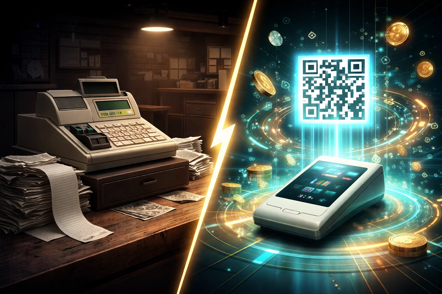 Split image of traditional cash register versus futuristic QR crypto checkout highlighting digital payment evolution