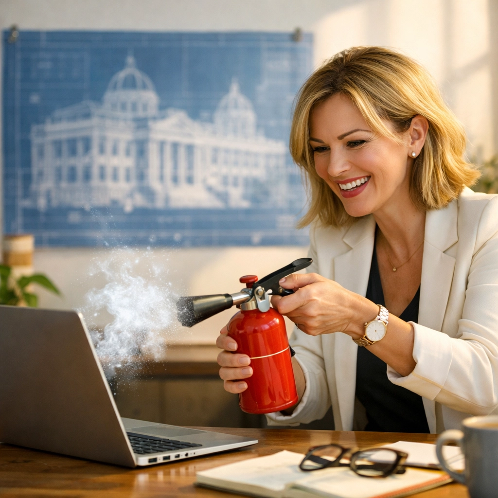 UK entrepreneur managing business burnout by extinguishing daily admin fires instead of focusing on strategy.