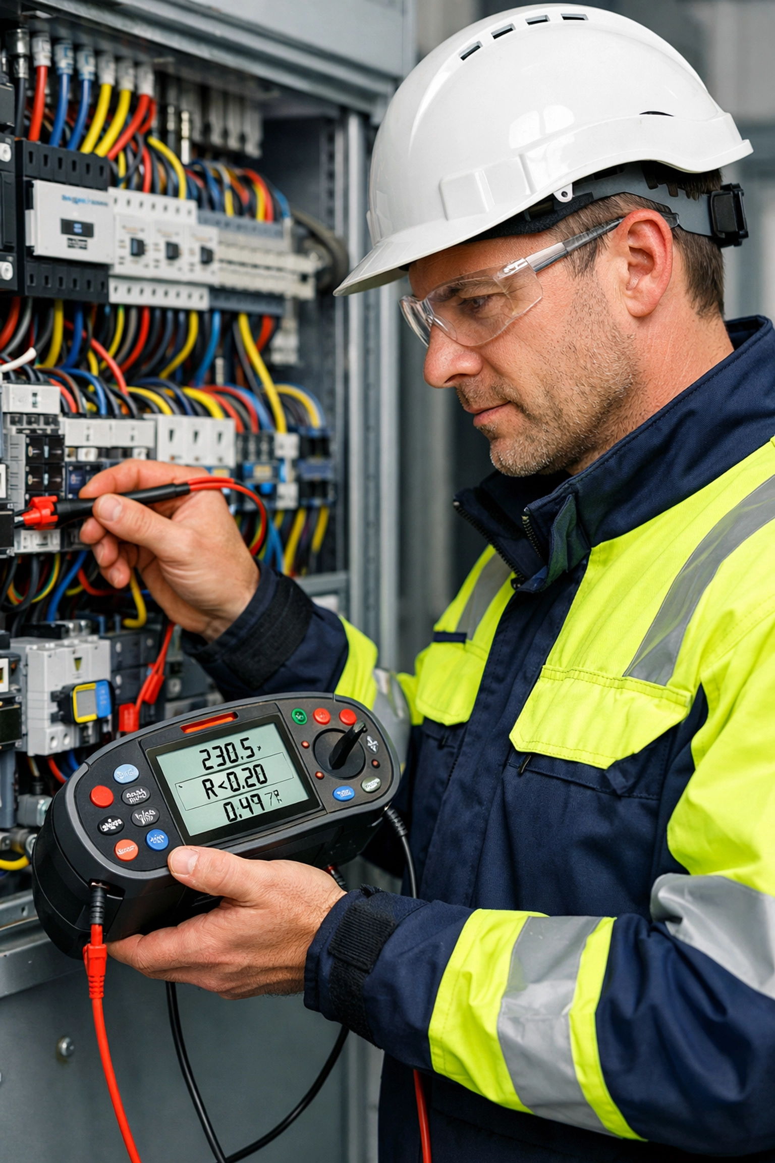 Certified 2391 electrical tester inspecting industrial electrical panel with testing equipment