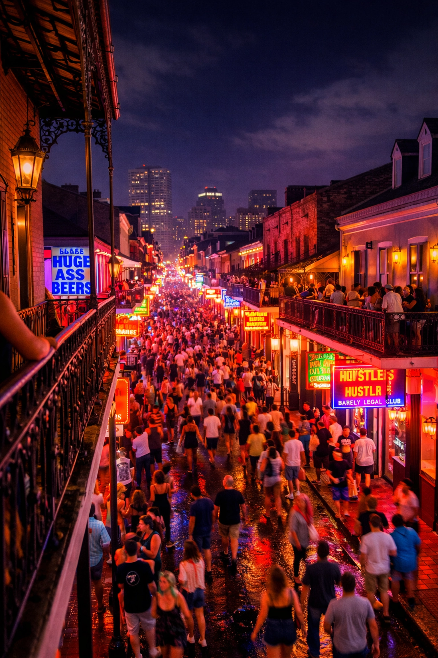 Vibrant neon signs and crowds on Bourbon Street, a classic photo spot for night photography.