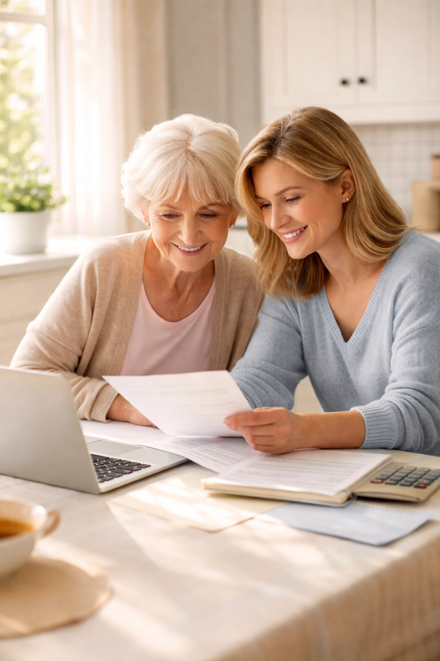 Senior woman and adult daughter reviewing assisted living Sarasota costs at a sunlit kitchen table