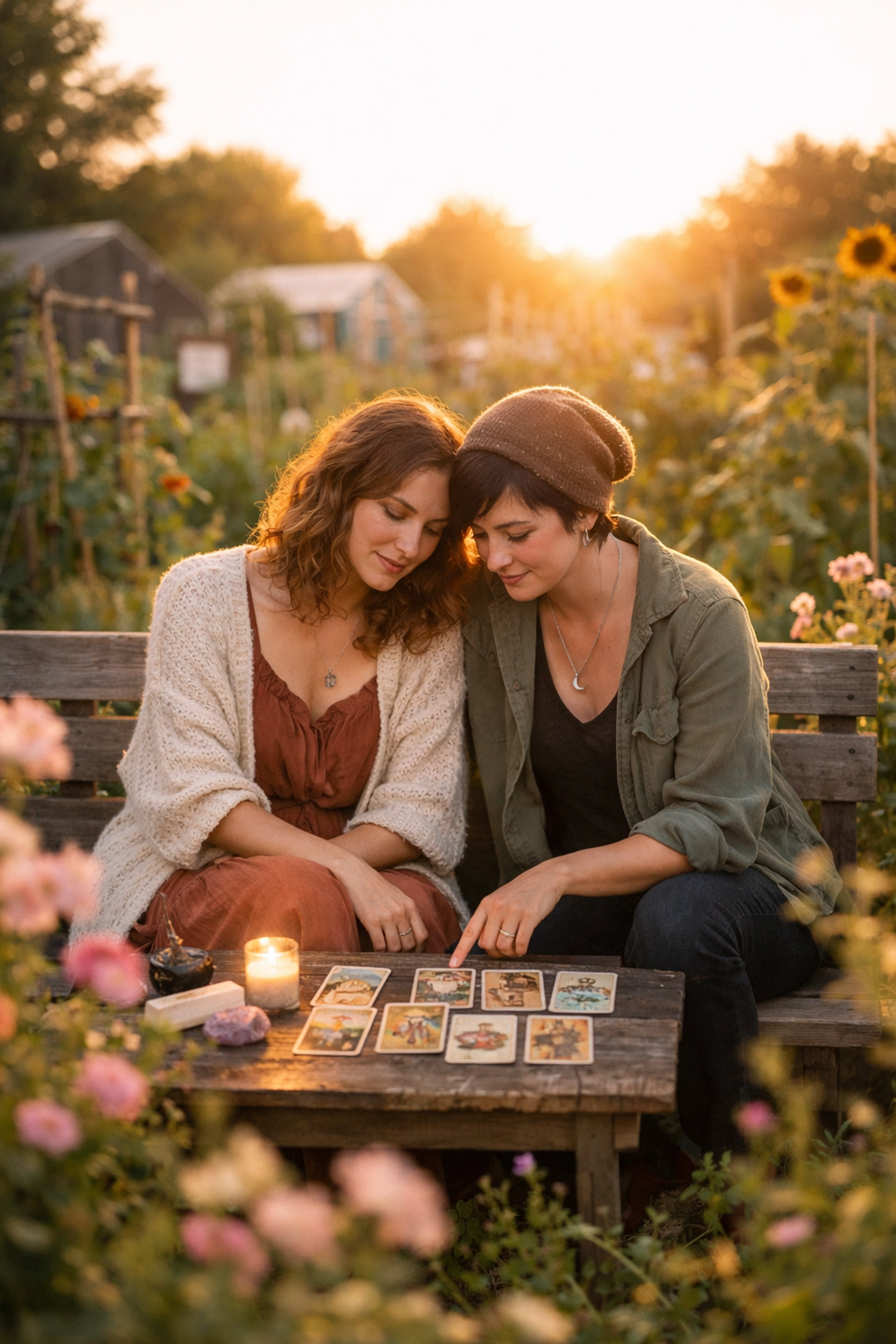 Two lesbian women sharing a peaceful moment reading tarot cards in a sunlit community garden.