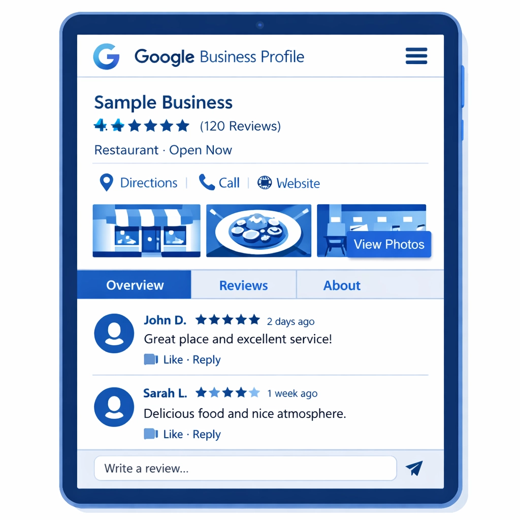 Google Business Profile listing showing star ratings, photos, and customer reviews