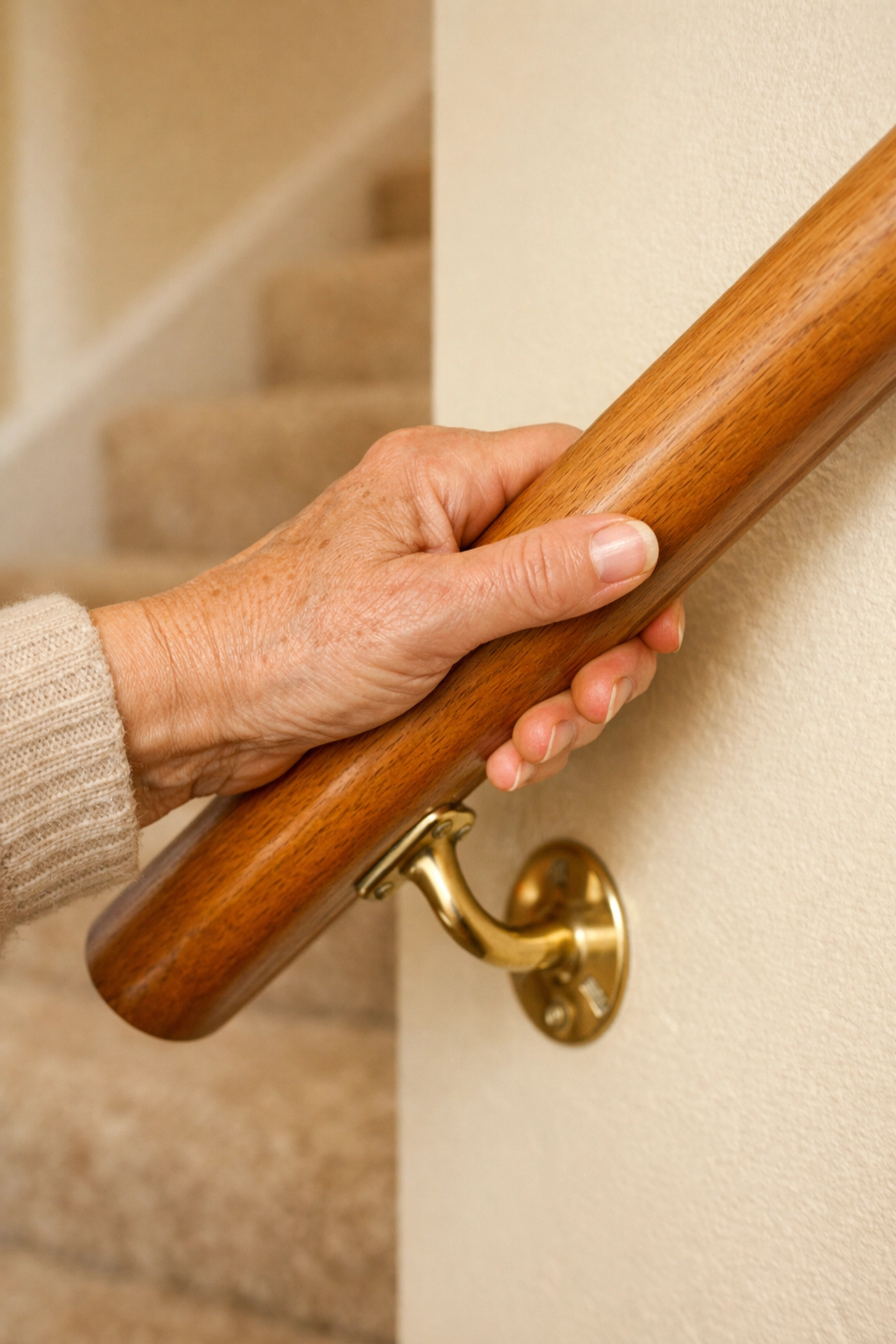 Senior hand gripping wooden stair handrail showing proper grip technique for fall prevention