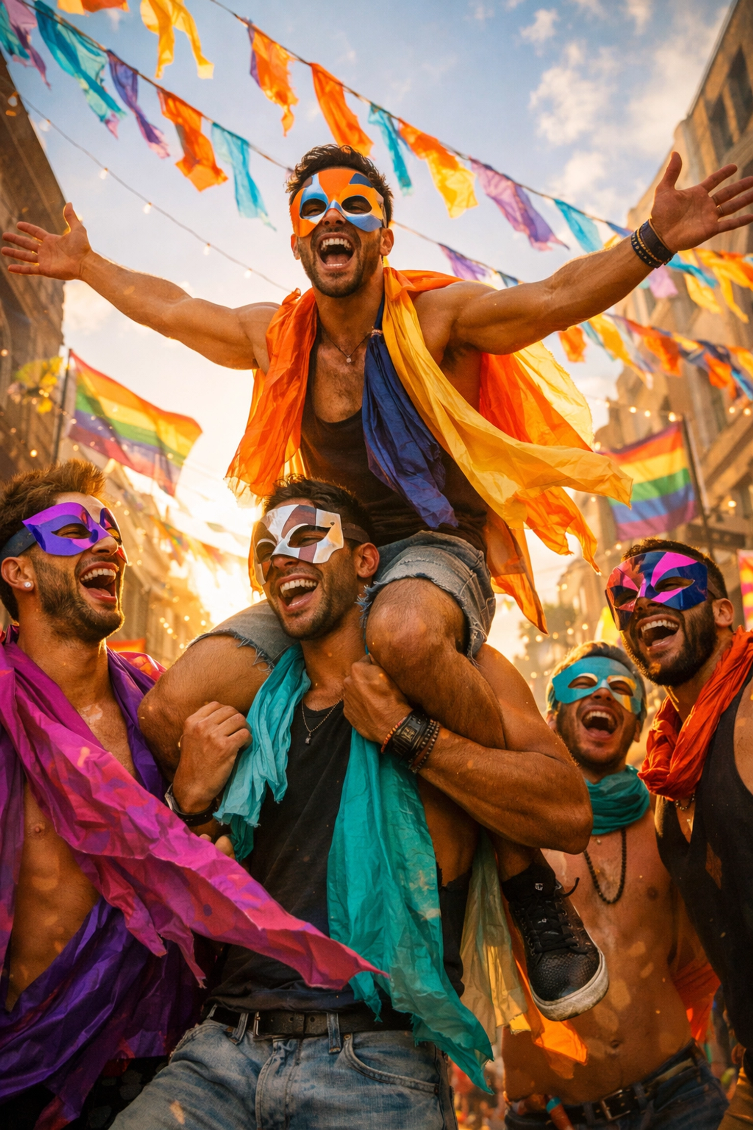Diverse gay men celebrating with colorful masks and joy at a vibrant outdoor street festival.