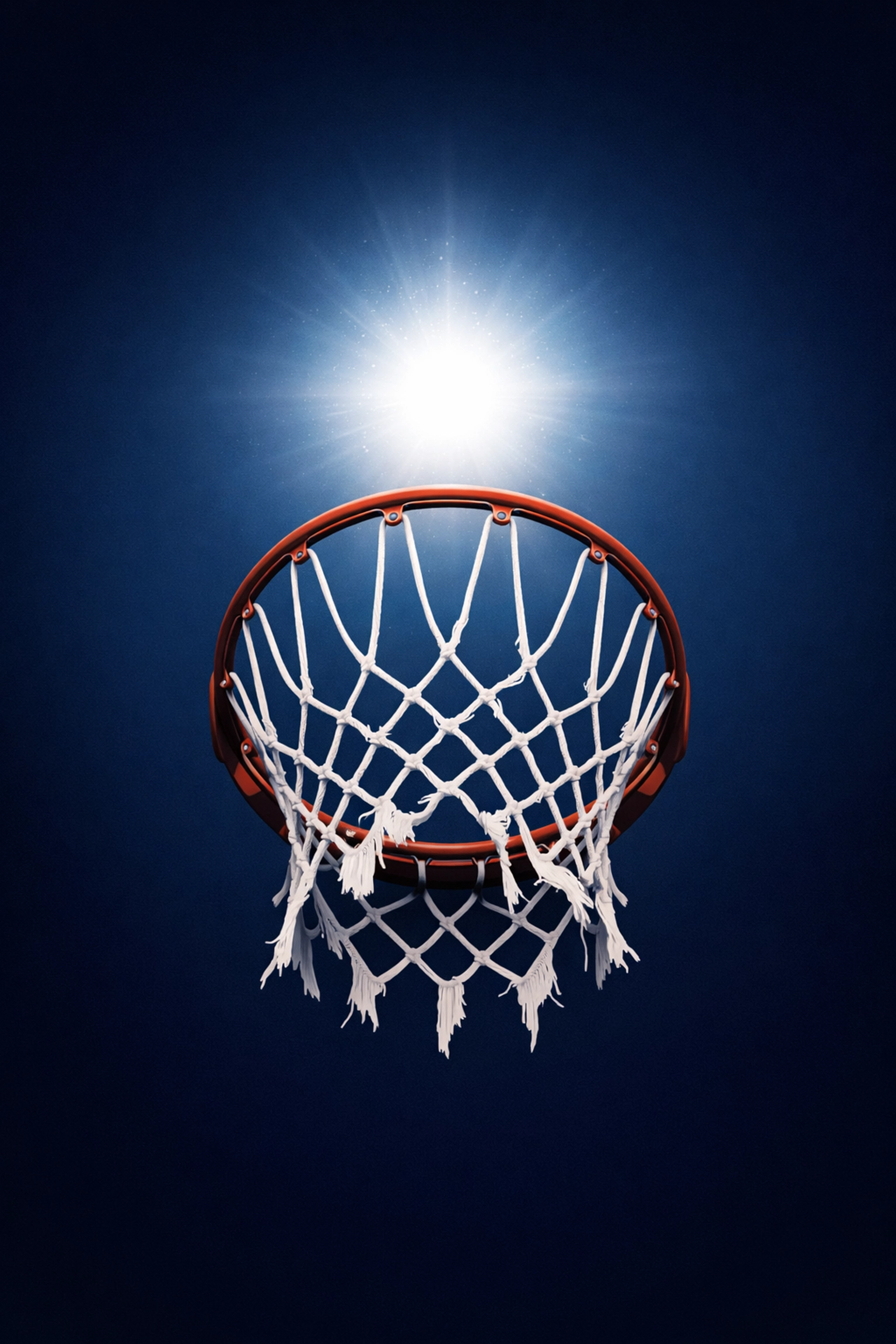 A basketball hoop and net against a navy blue background representing UConn’s goal of a 13th national title.