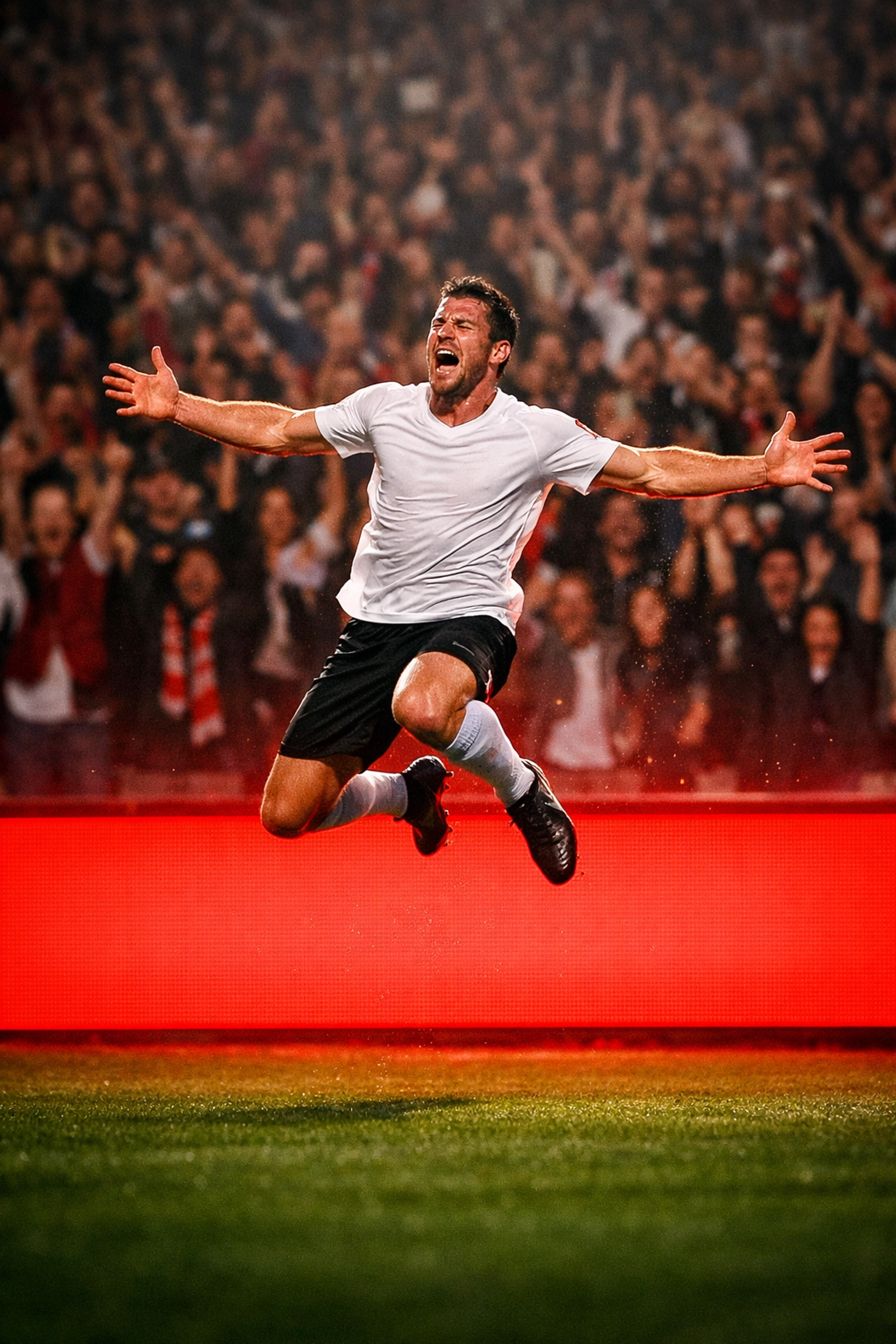 Soccer player celebrating a goal in front of vibrant stadium perimeter advertising boards.