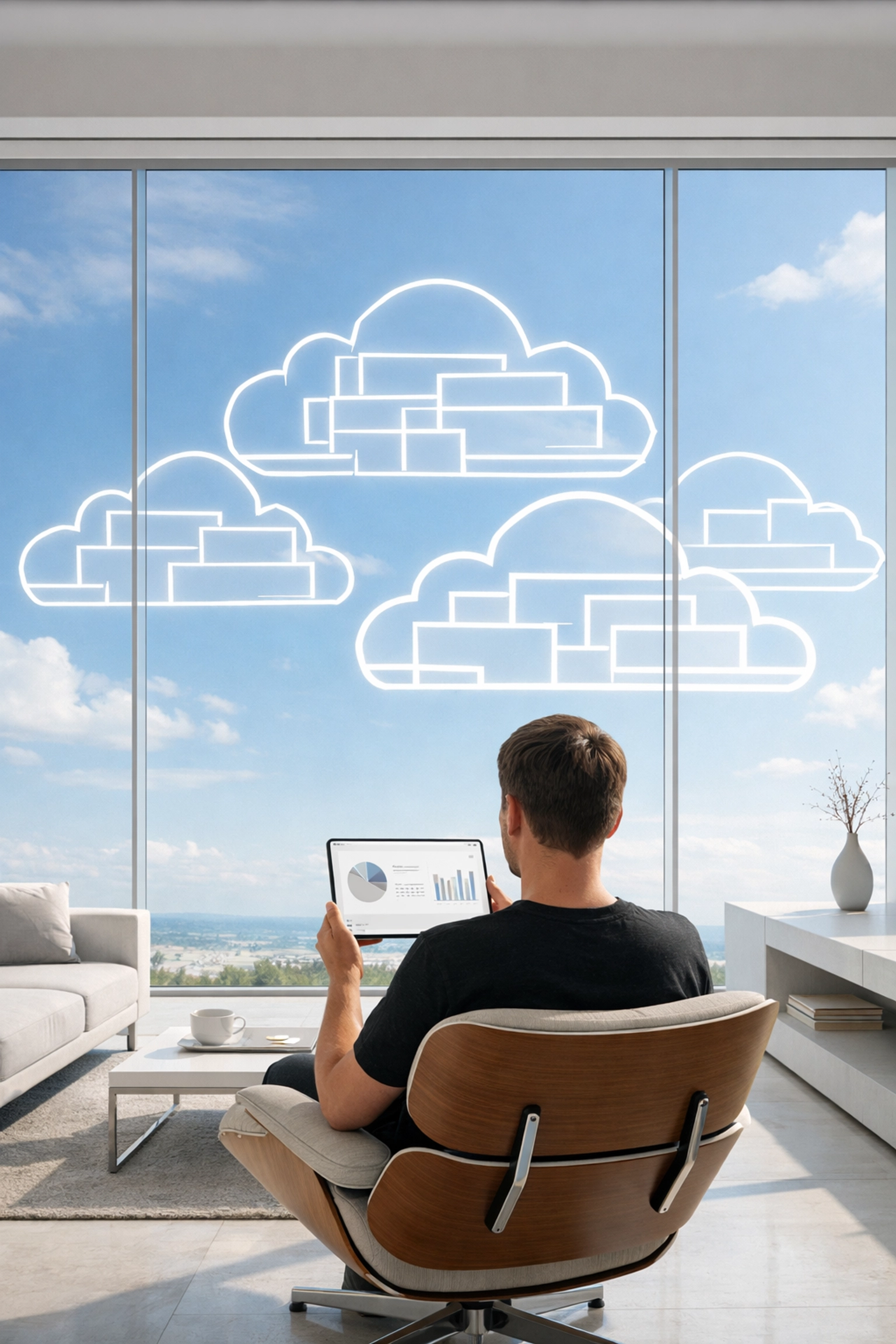 A person using a digital tablet to manage a subscription dashboard in a clean, minimalist home.