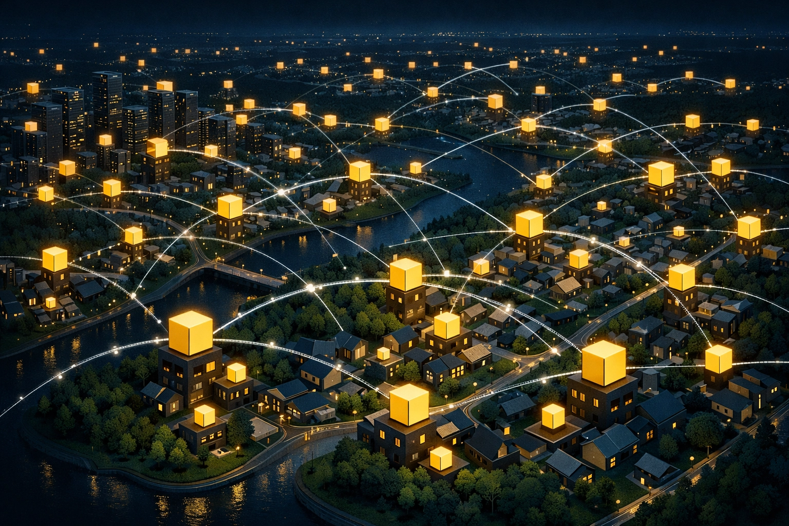 Map of a distributed network showing edge computing nodes connected across a modern smart city infrastructure.