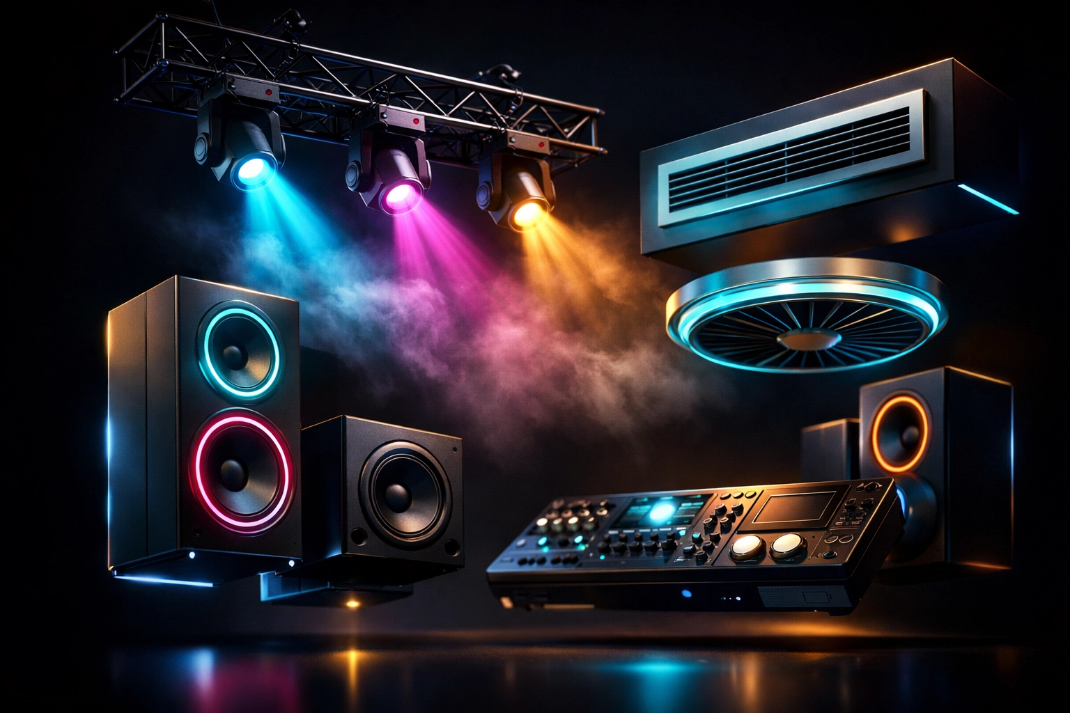 Modern event venue amenities including professional lighting and sound systems