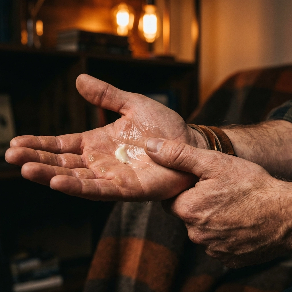 Warming creamy beard butter between hands to melt into a nourishing oil for a daily beard care routine.