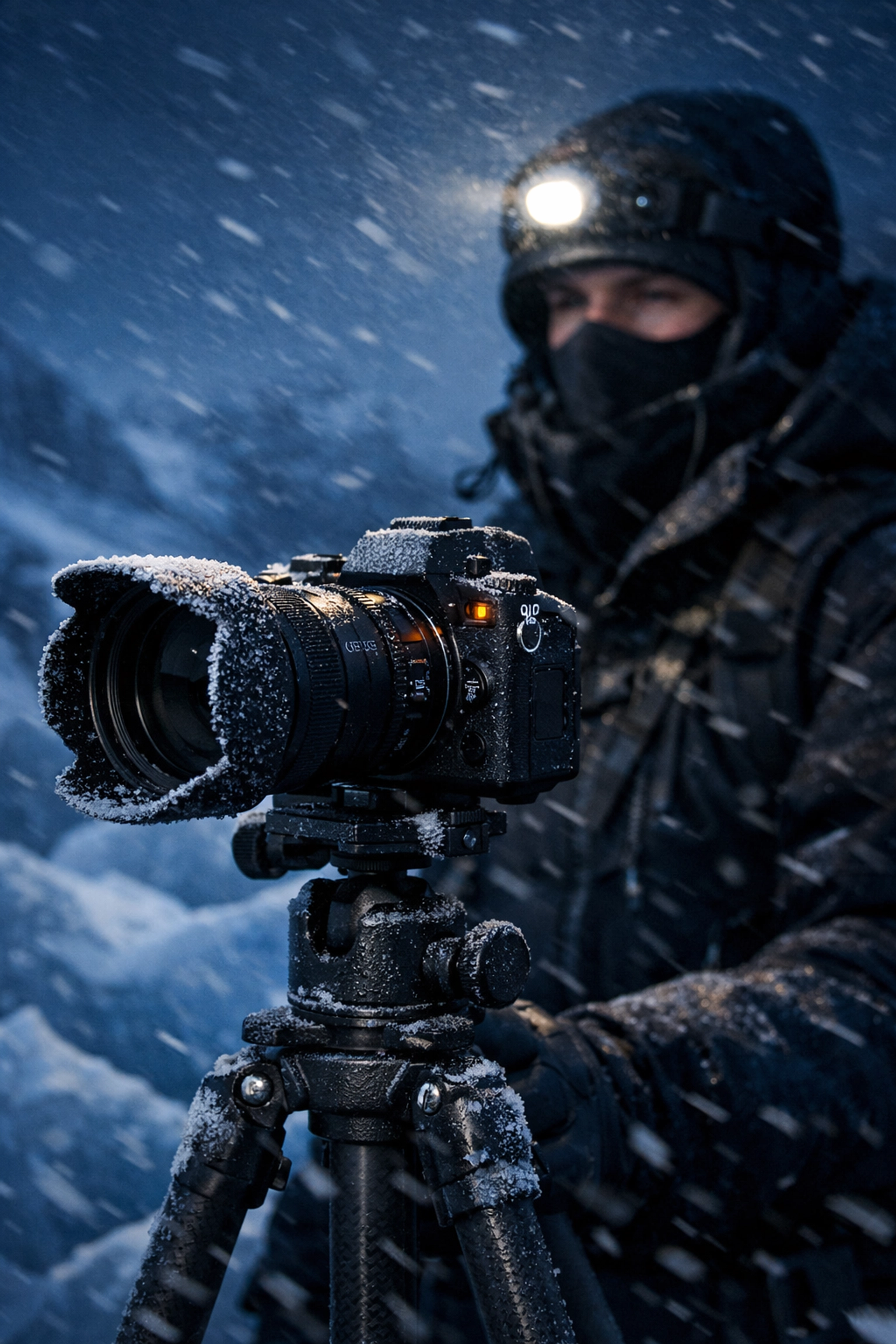 Weather-sealed mirrorless camera on a tripod in an arctic snowstorm showing why high-end gear matters in 2026.