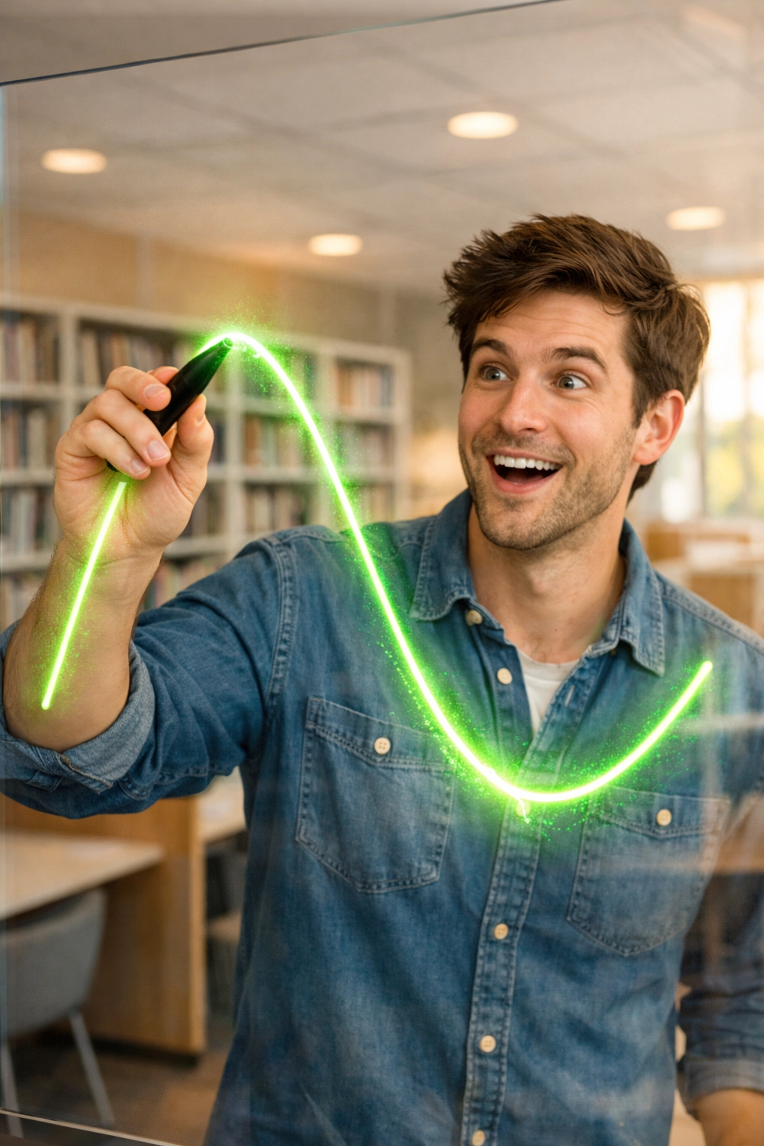 Student visualizing SAT graph transformations and horizontal shifts on a glass presentation board.