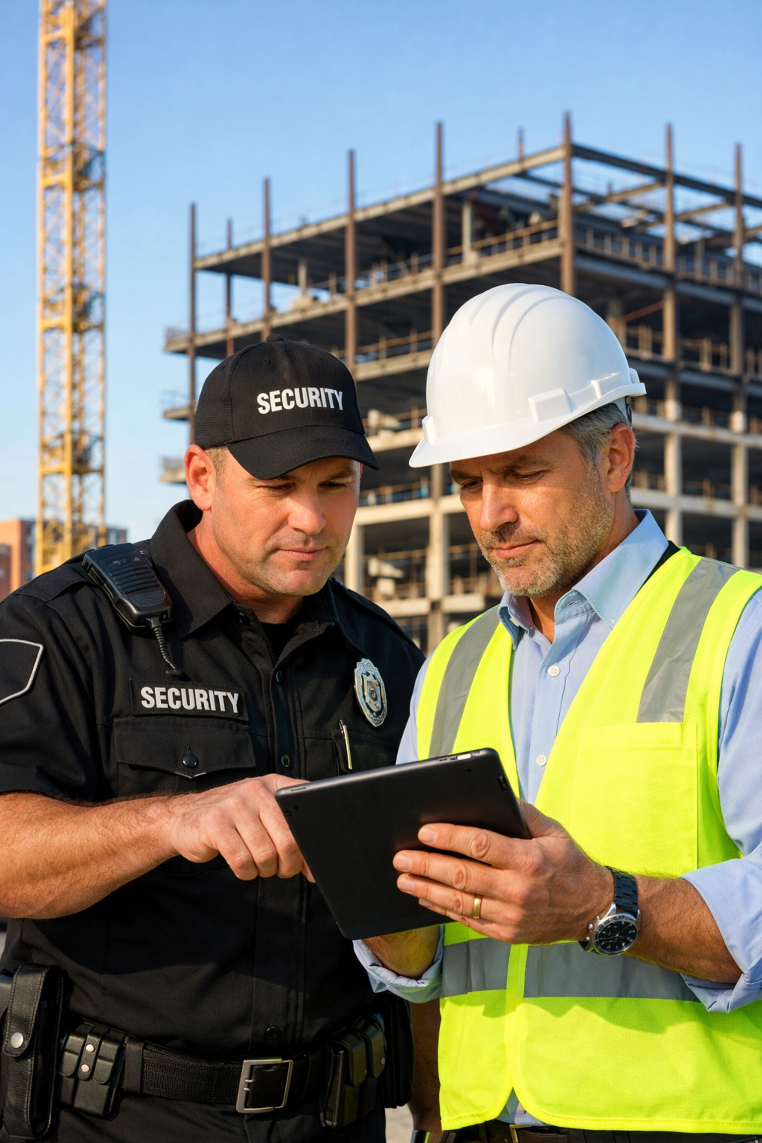 Professional KGFM security guard and site manager reviewing a tailor-made security plan for a building project.