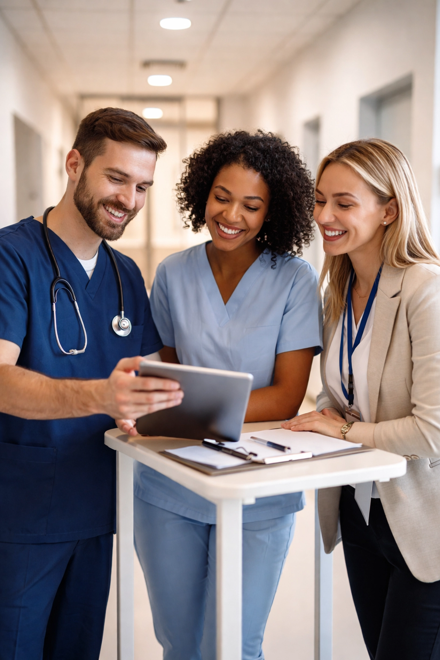 Small medical office team collaborating during a morning huddle to improve clinic operations