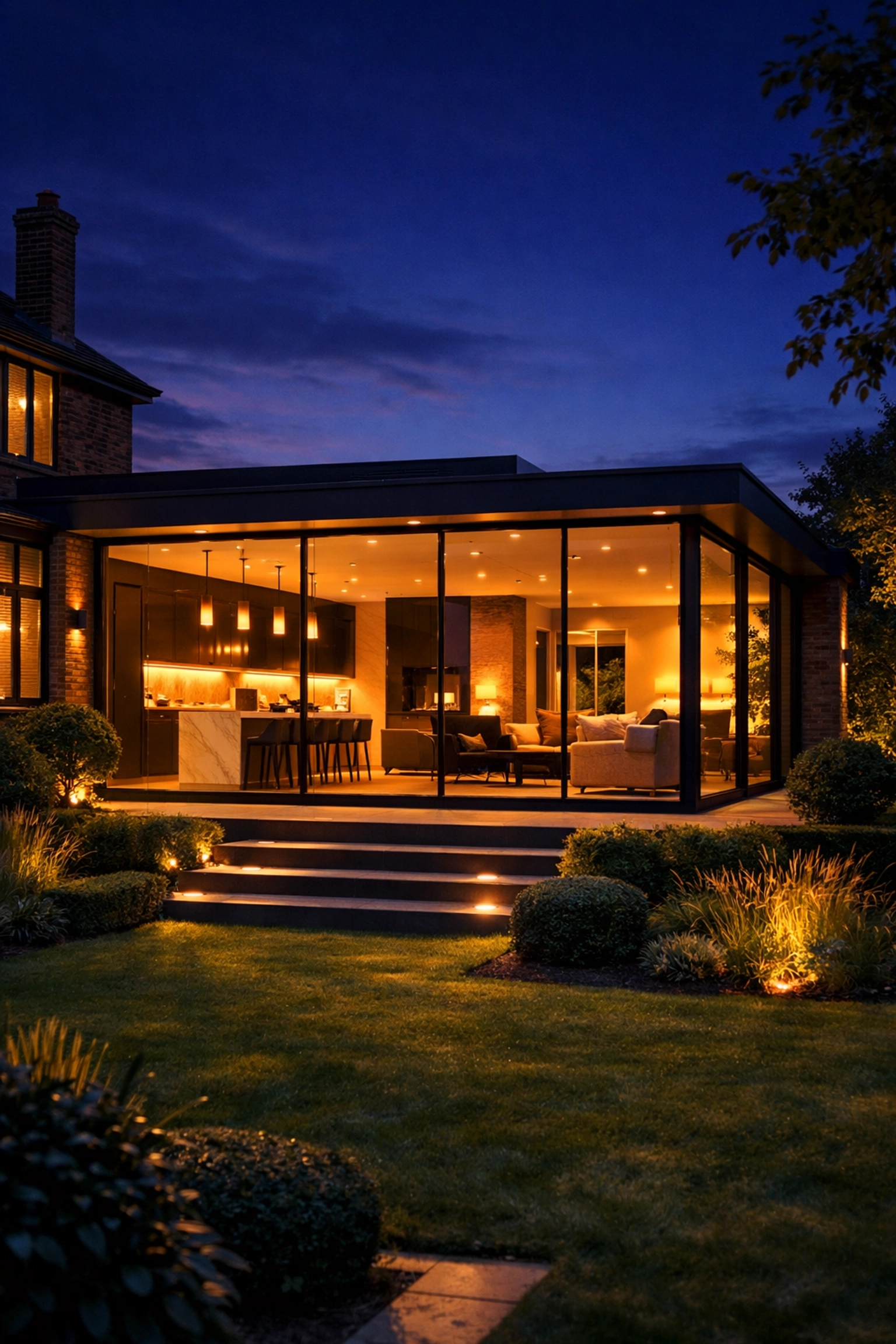 Stunning modern house extension in Bognor Regis with warm interior lighting at dusk.
