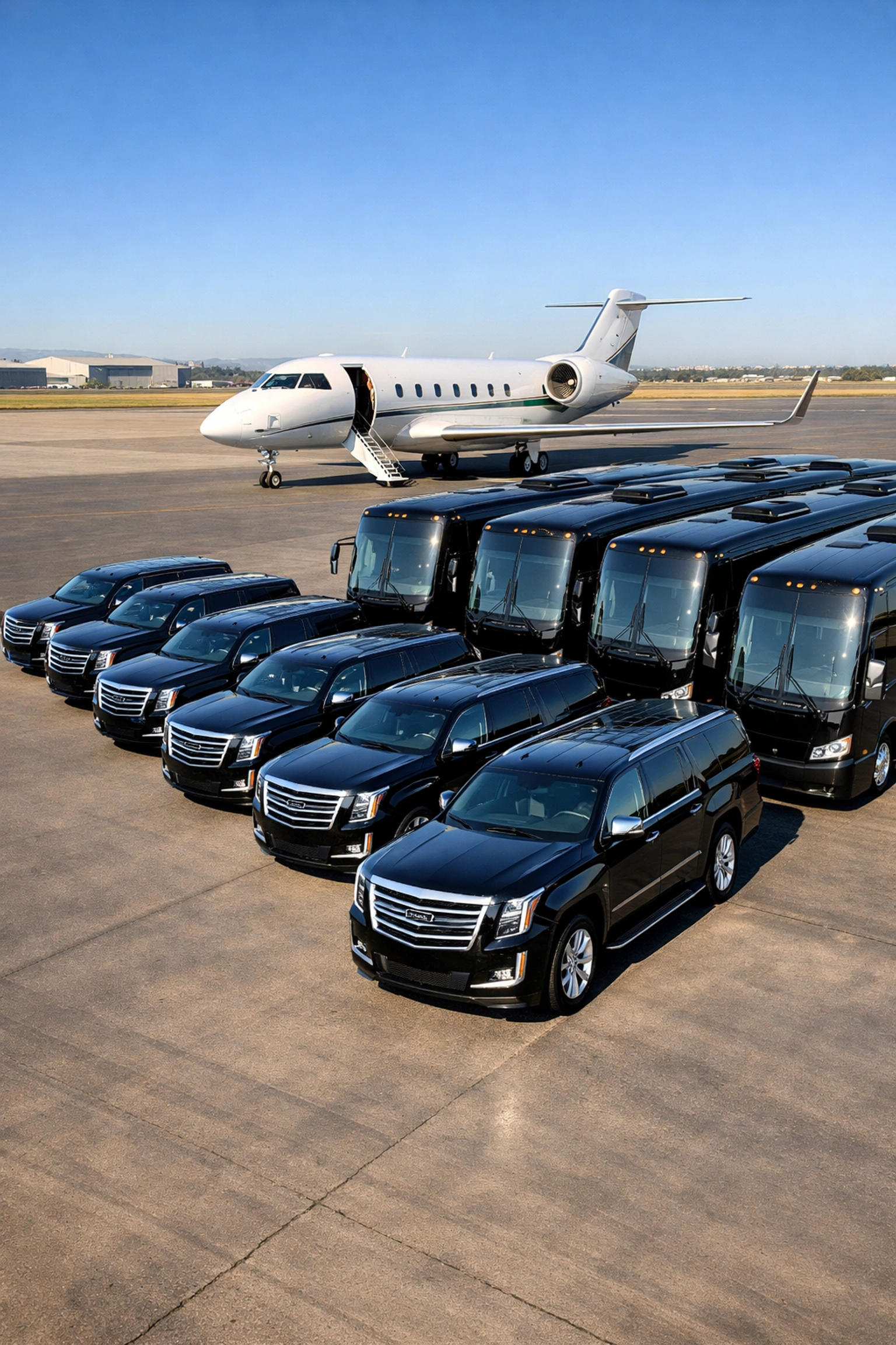 Elite fleet of black luxury SUVs and private jets for Super Bowl corporate logistics.