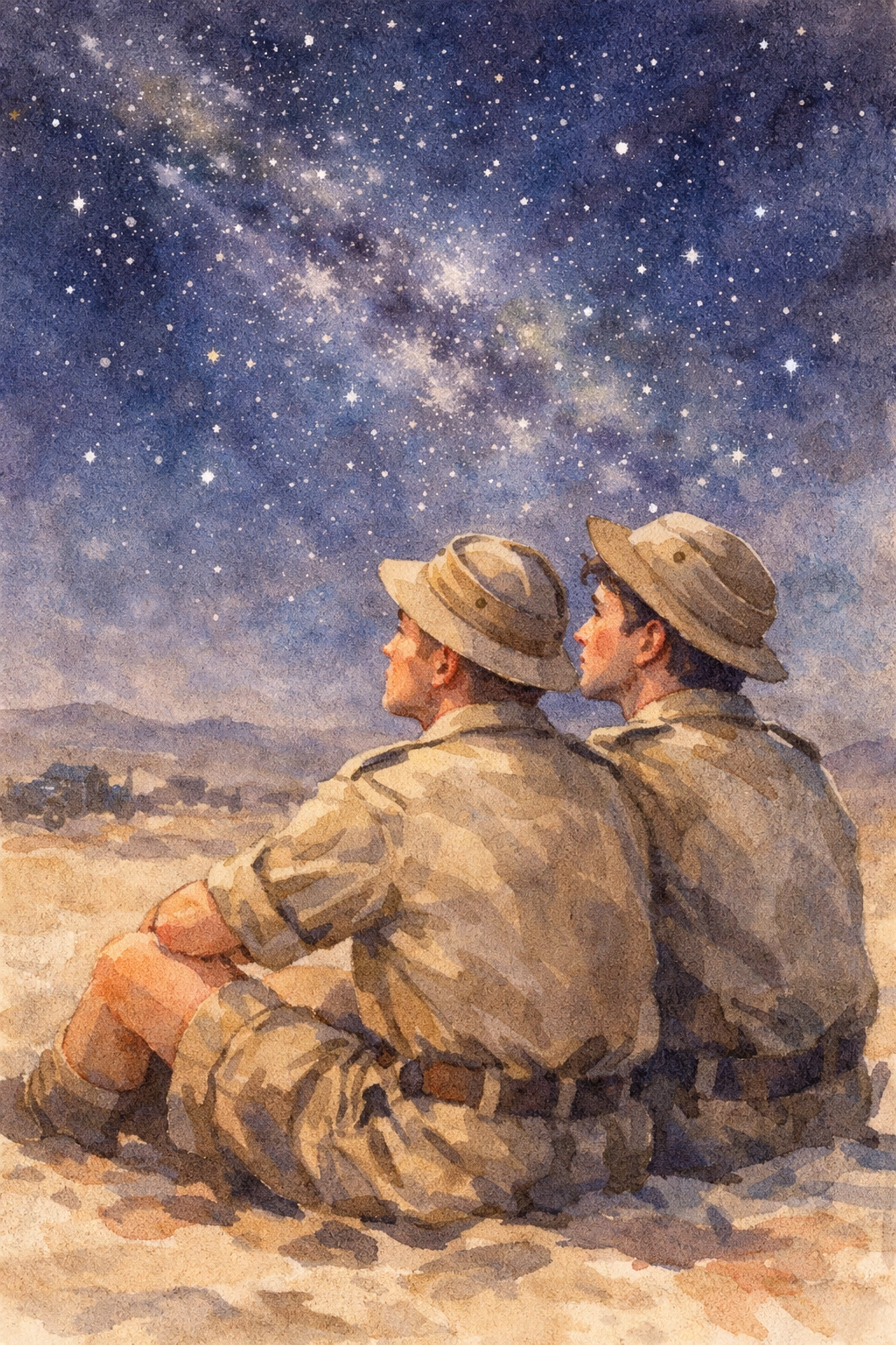 Gay soldiers stargazing together during North African Campaign in WWII desert night