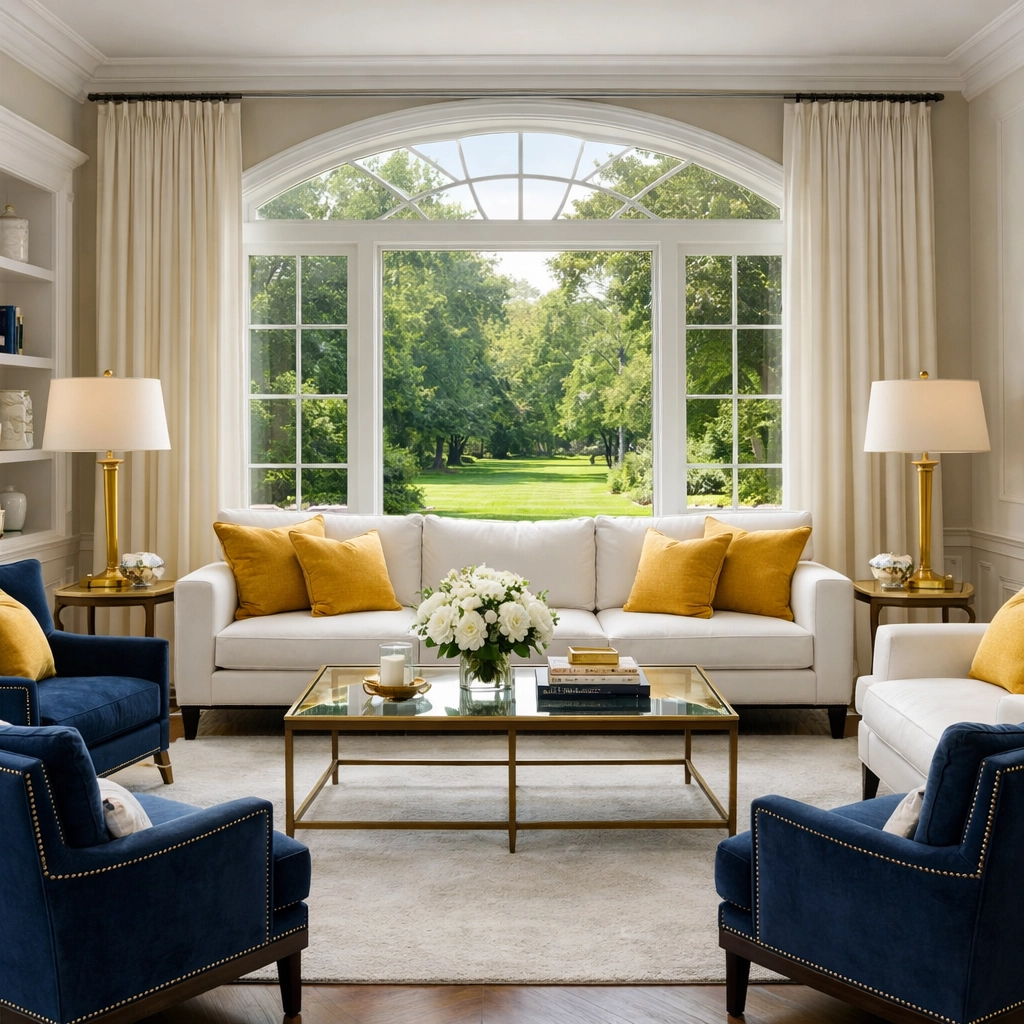 Staged and spotless Fitchburg living room with clean furniture, ready for professional home restoration services.
