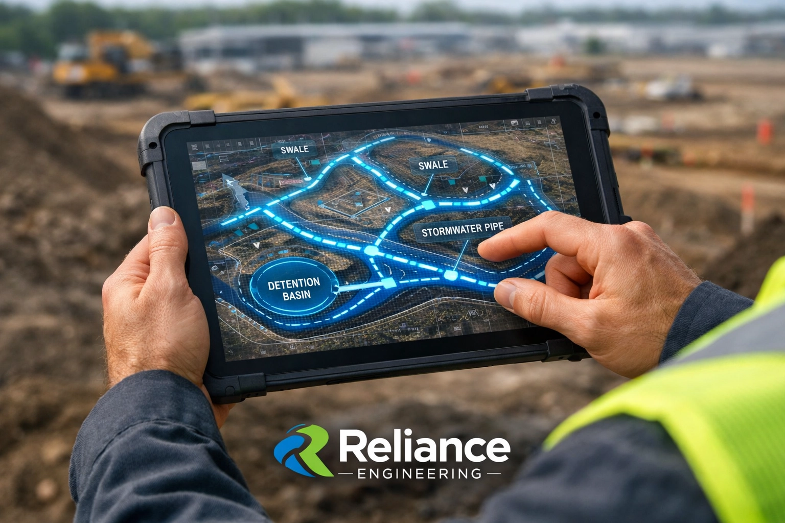 Civil engineer reviewing a digital site grading and drainage design plan on an Ontario construction site.