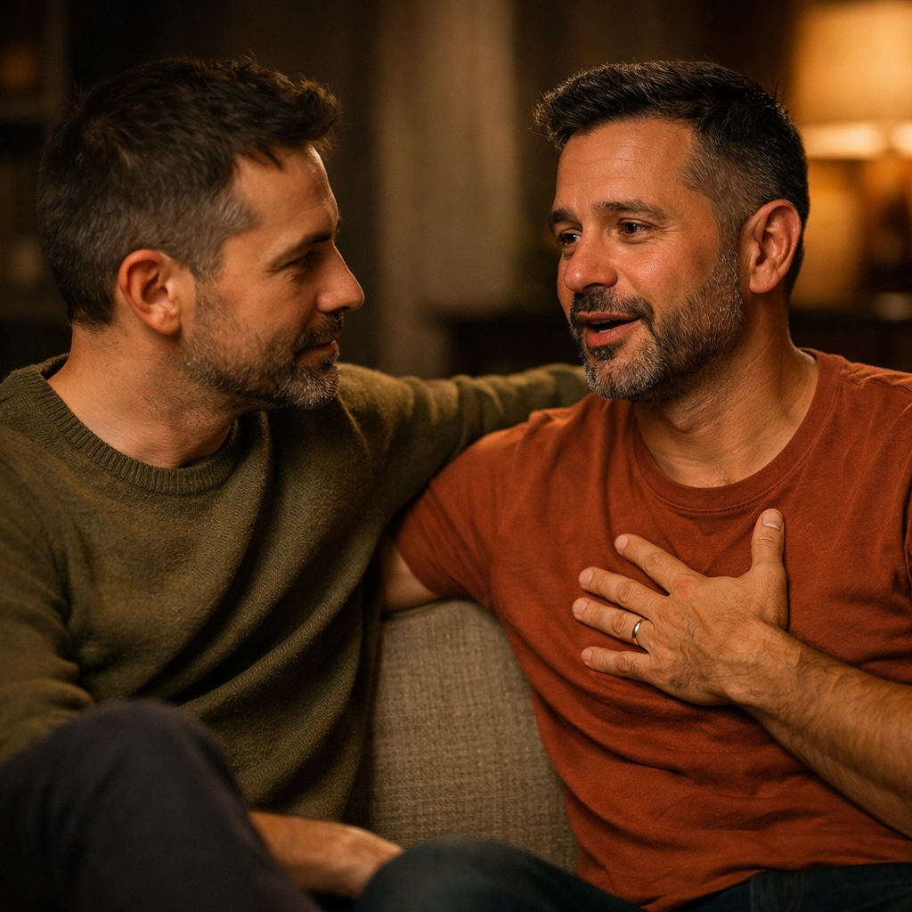 Two gay men sharing an emotional conversation at home, highlighting the support found in a queer chosen family.