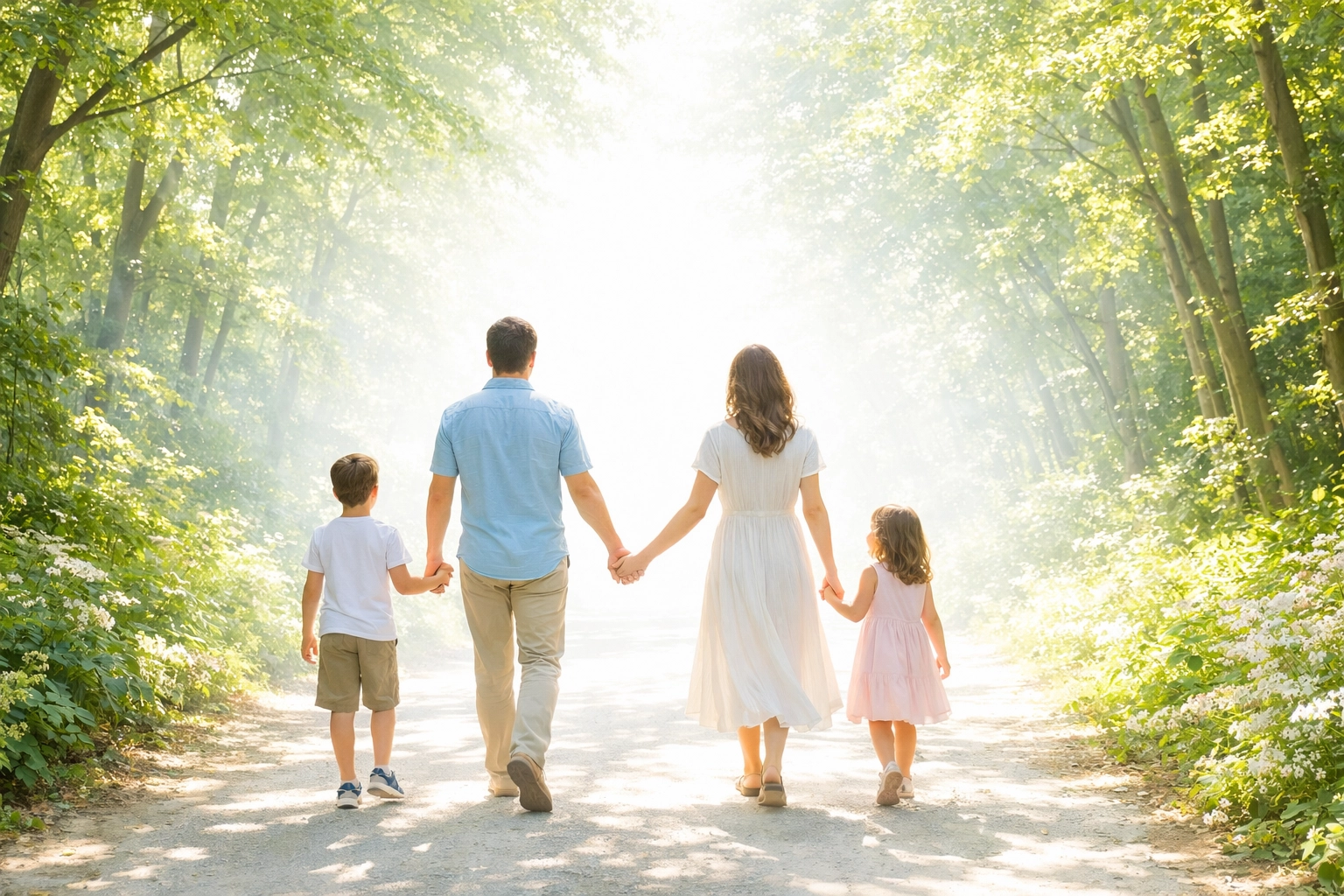 A family walks along a light-filled path, symbolizing following Jesus Christ as Head of Boundless Online Church.