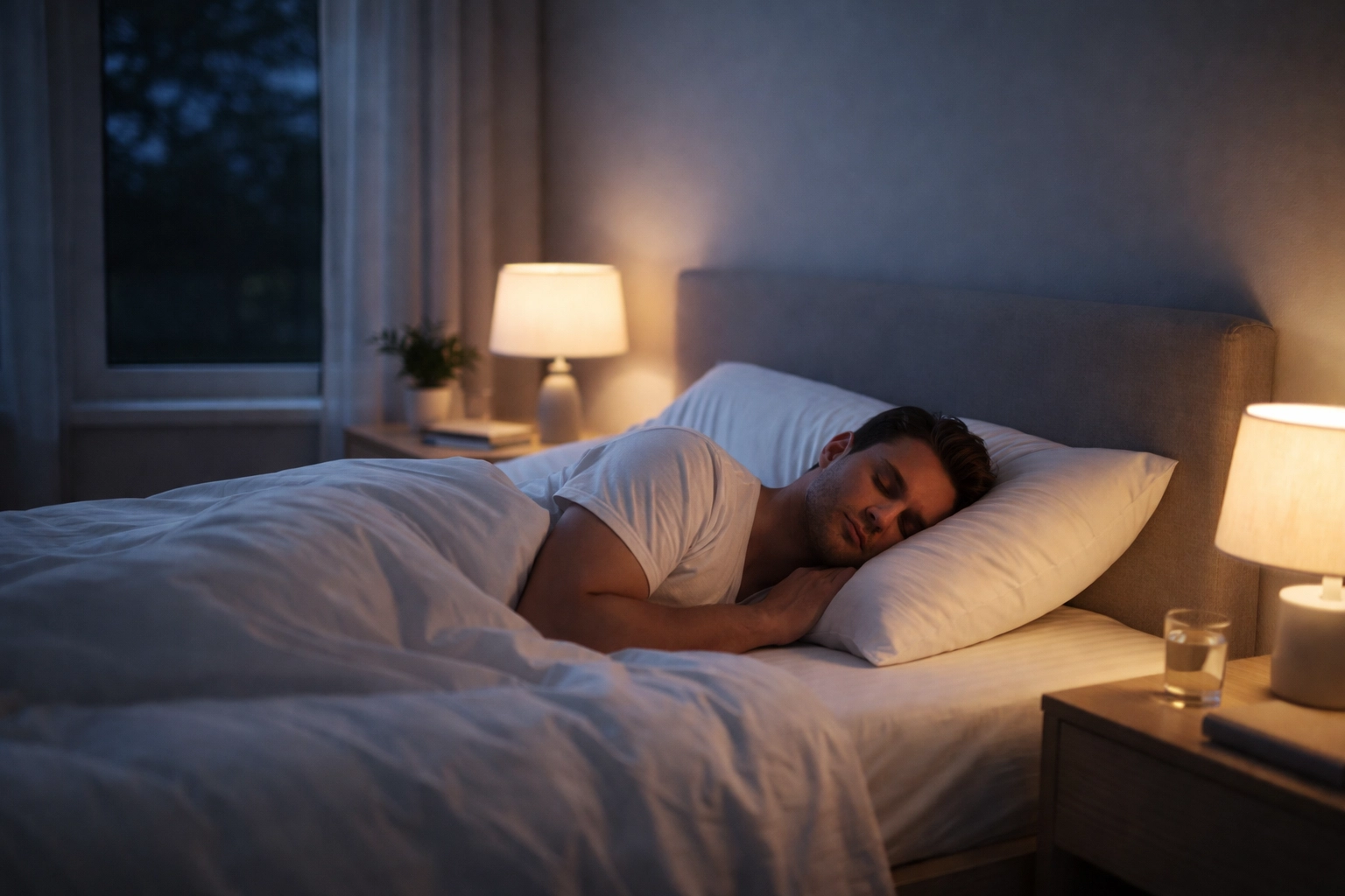 Person sleeping in a modern, peaceful bedroom at night to illustrate quality sleep for optimal recovery