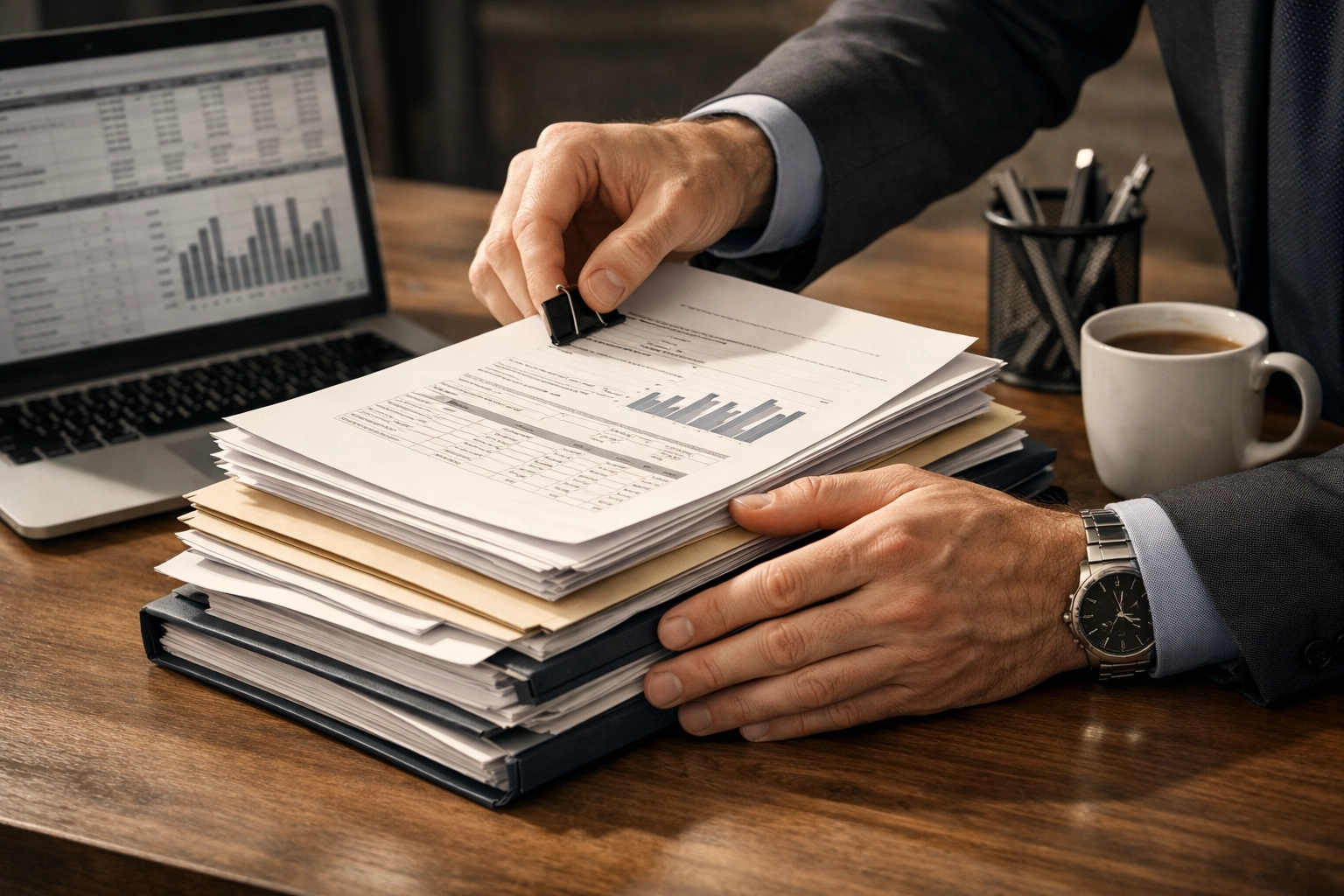 Business owner organizing financial statements and loan documents for funding application