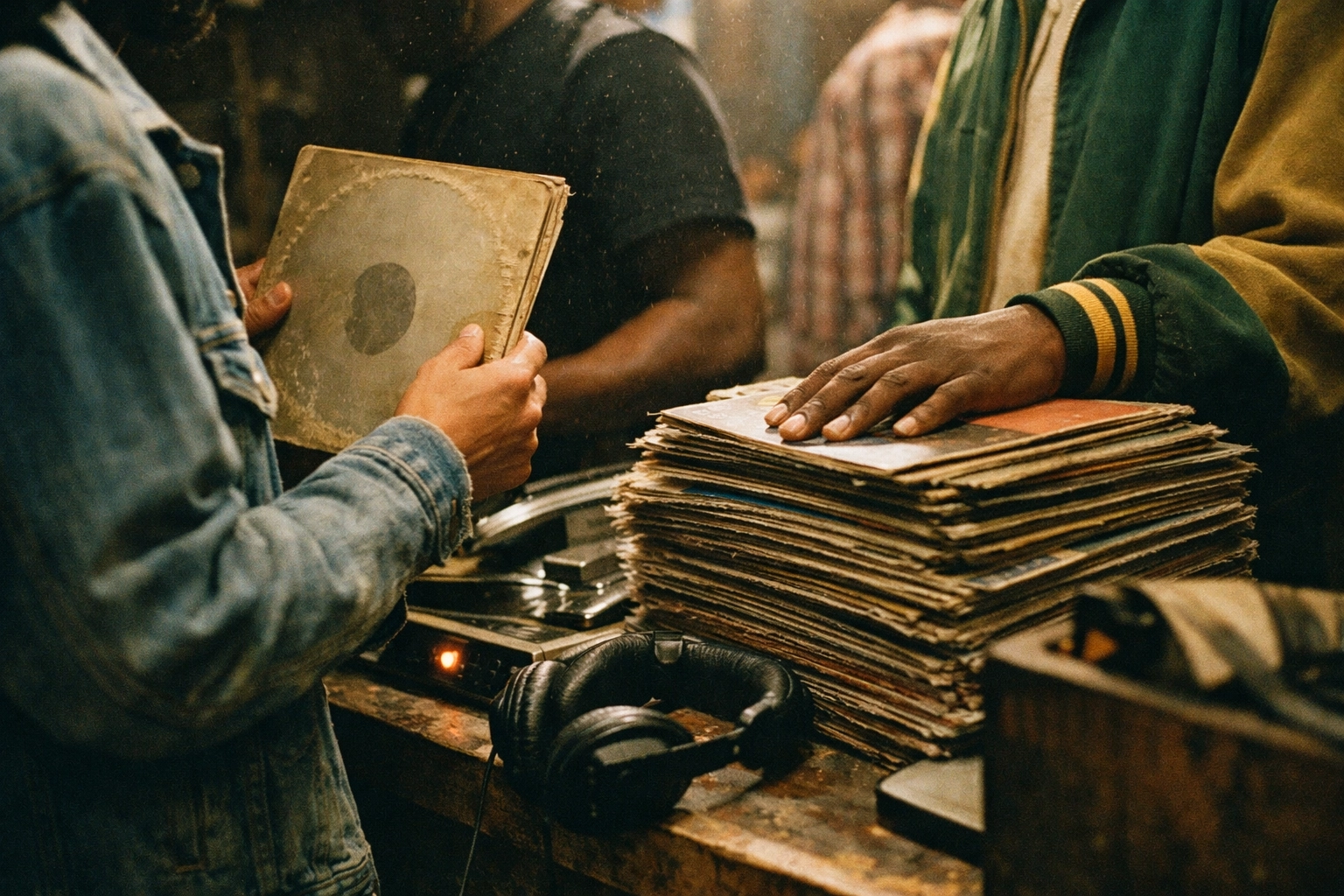 Collectors browsing rare used vinyl records at a Nivessa record store in Los Angeles, fostering a local music community.