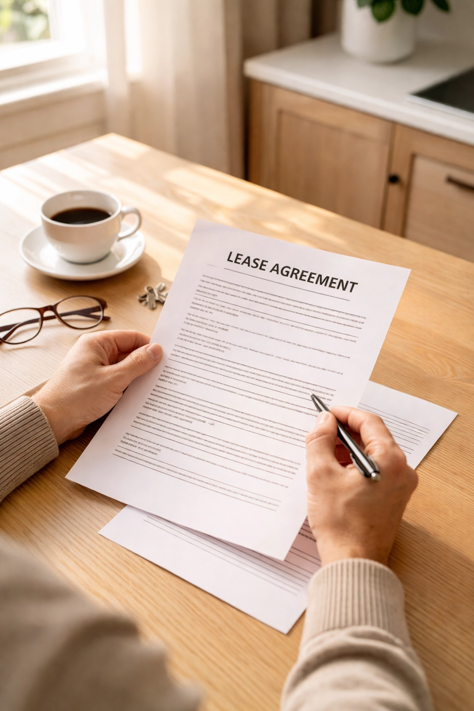 Homeowner carefully reviewing a mobile home lease document at kitchen table before signing