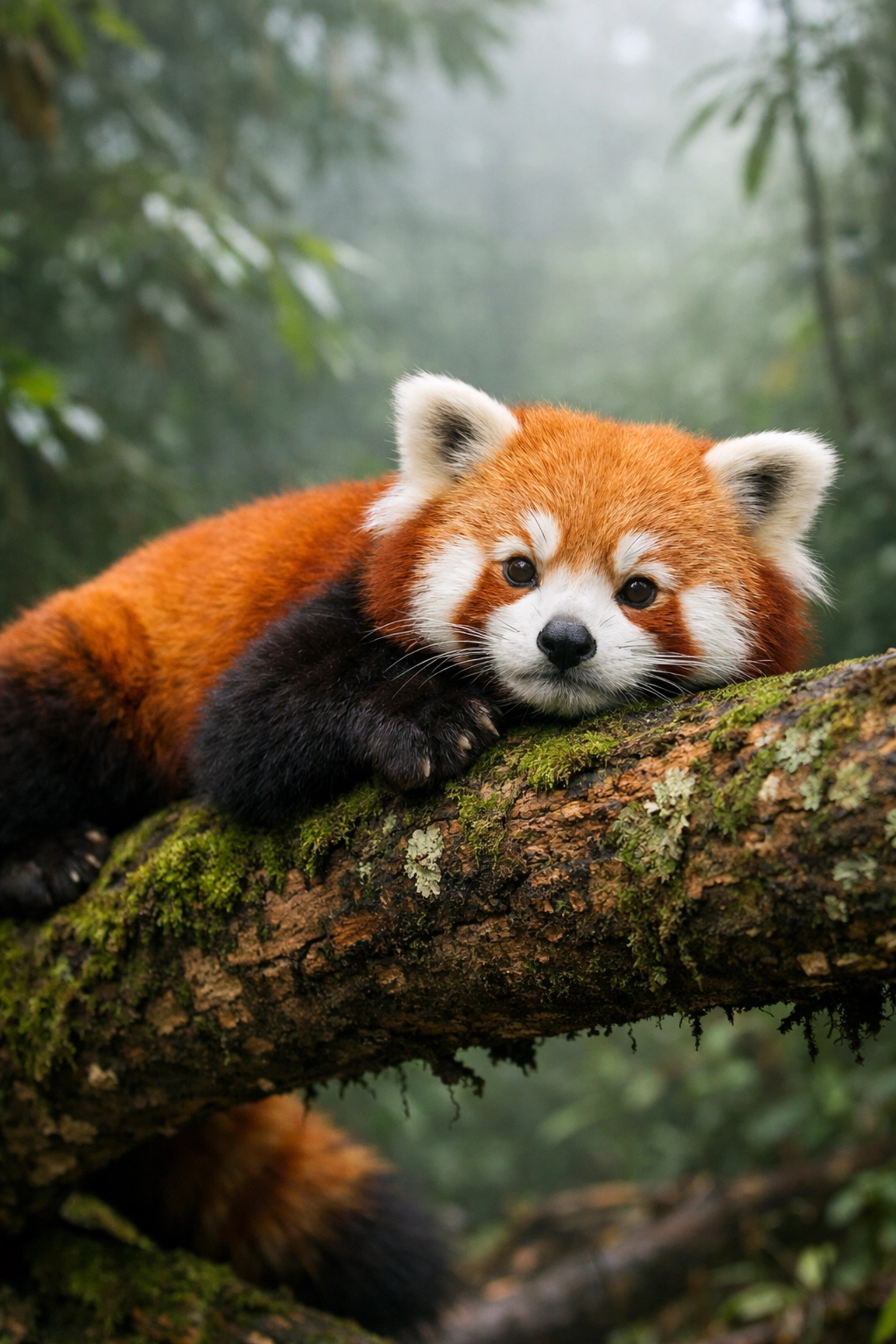 Red panda on a mossy branch representing high-quality stock photography for conservation efforts.