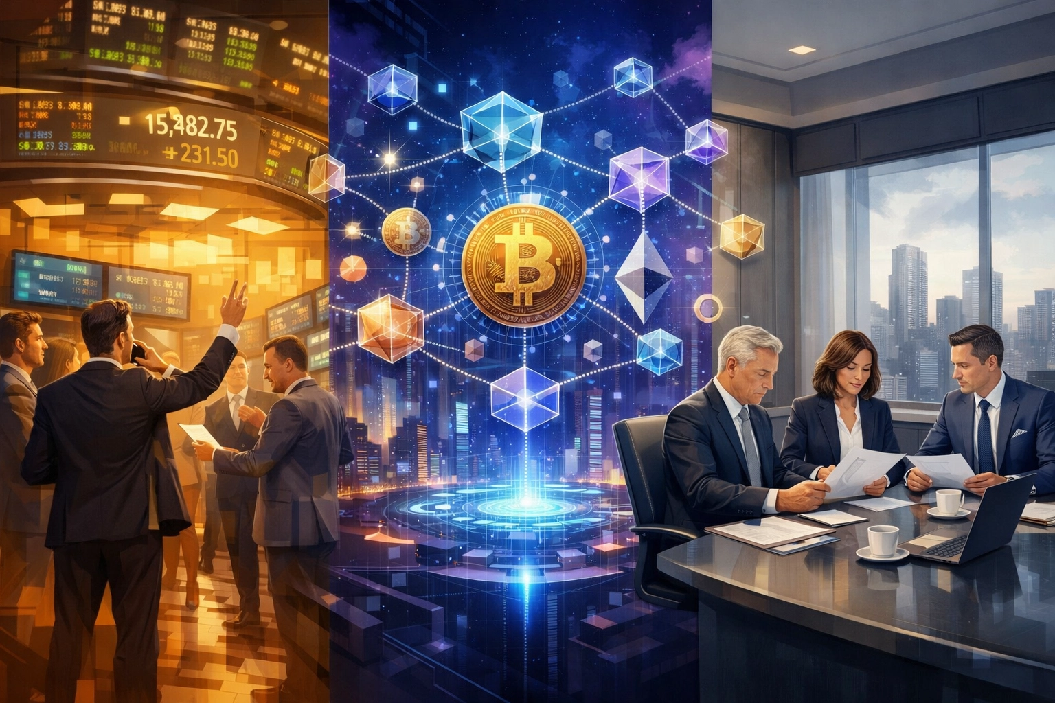 Visual comparison of public equities, digital assets, and private equity investment sectors